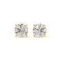 Pair of Round Hidden Halo lab grown diamond earrings in yellow gold showcasing round cut stones with concealed pave surprise for timeless glow flawless symmetry and intense sparkle on white background.