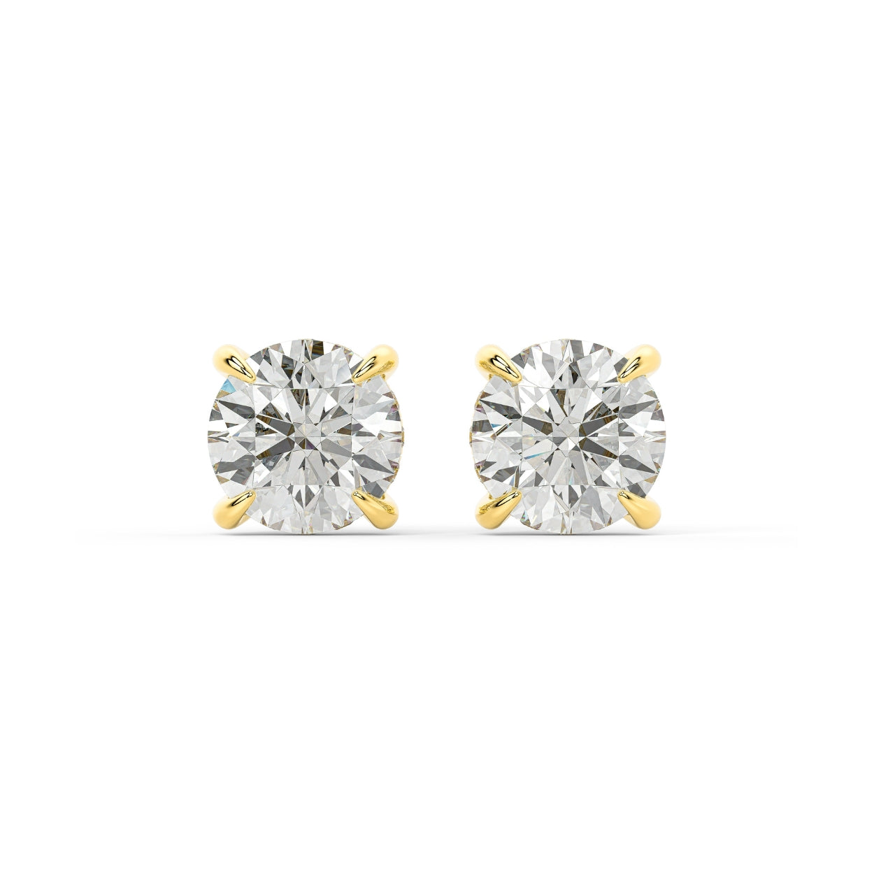 Pair of Round Hidden Halo lab grown diamond earrings in yellow gold showcasing round cut stones with concealed pave surprise for timeless glow flawless symmetry and intense sparkle on white background.