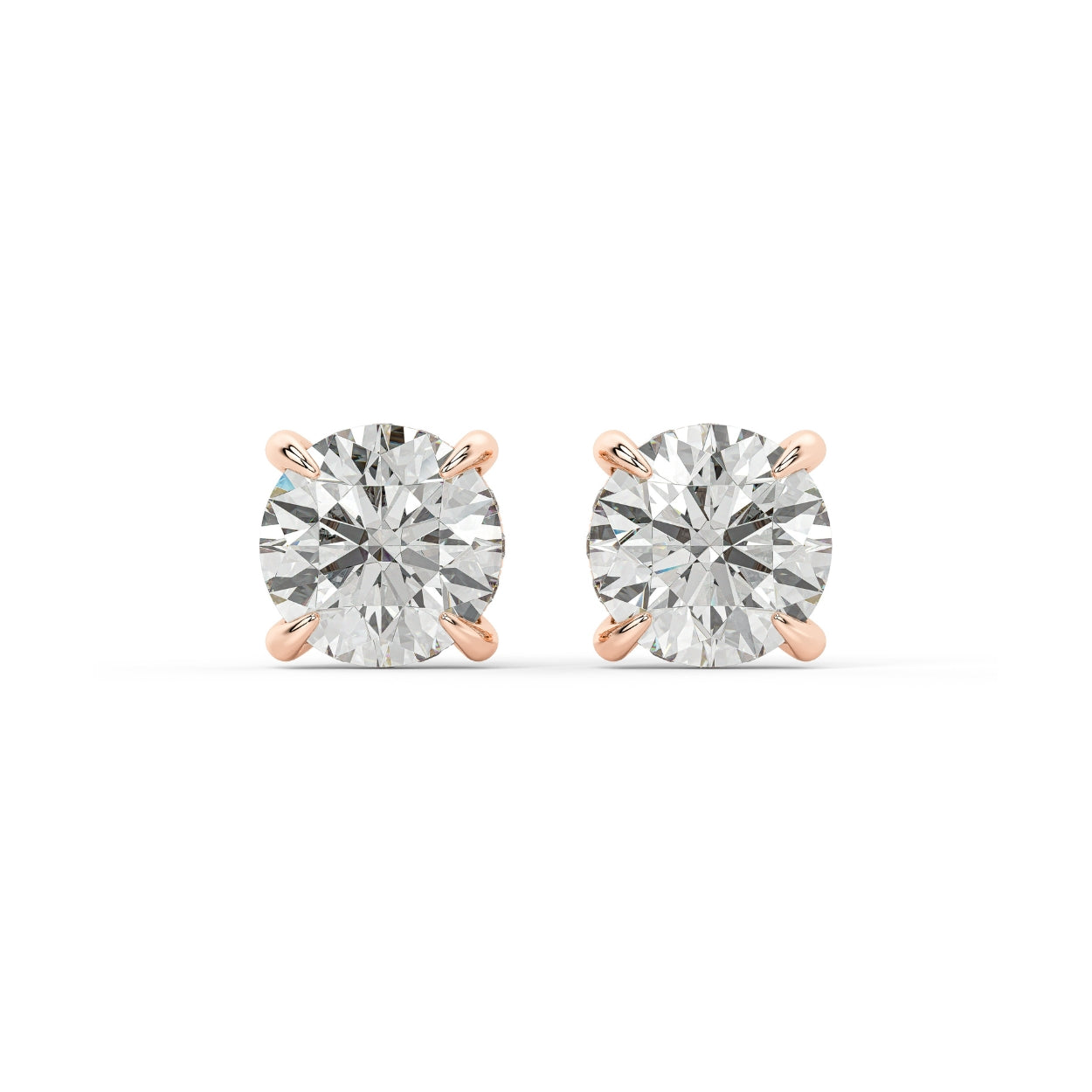 Front pair of rose gold Round Hidden Halo lab grown diamond earrings with round cut stones and concealed pave for flawless symmetry and pure elegance.