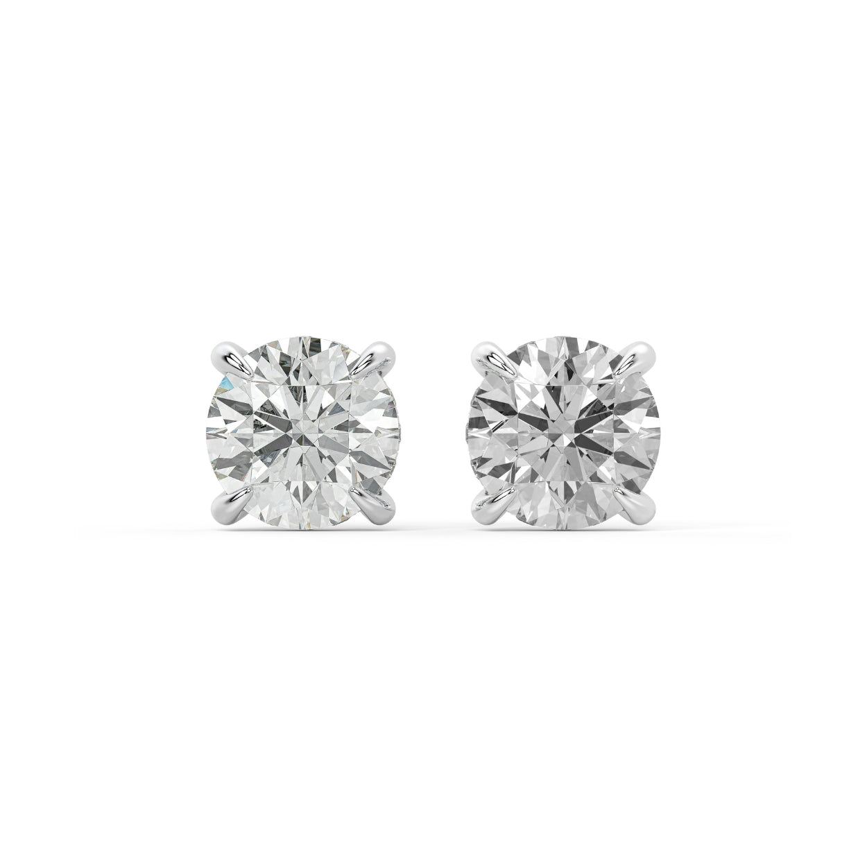 Pair of Round Hidden Halo lab grown diamond earrings in white gold featuring round cut with hidden pave for pure elegance and mesmerizing fire on white background.
