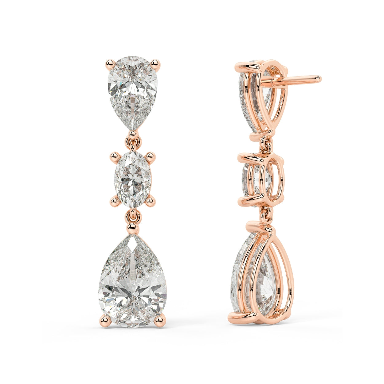 Pair of rose gold lab-grown diamond round solitaire stud earrings in timeless prong setting, front view, premium classic diamond jewelry