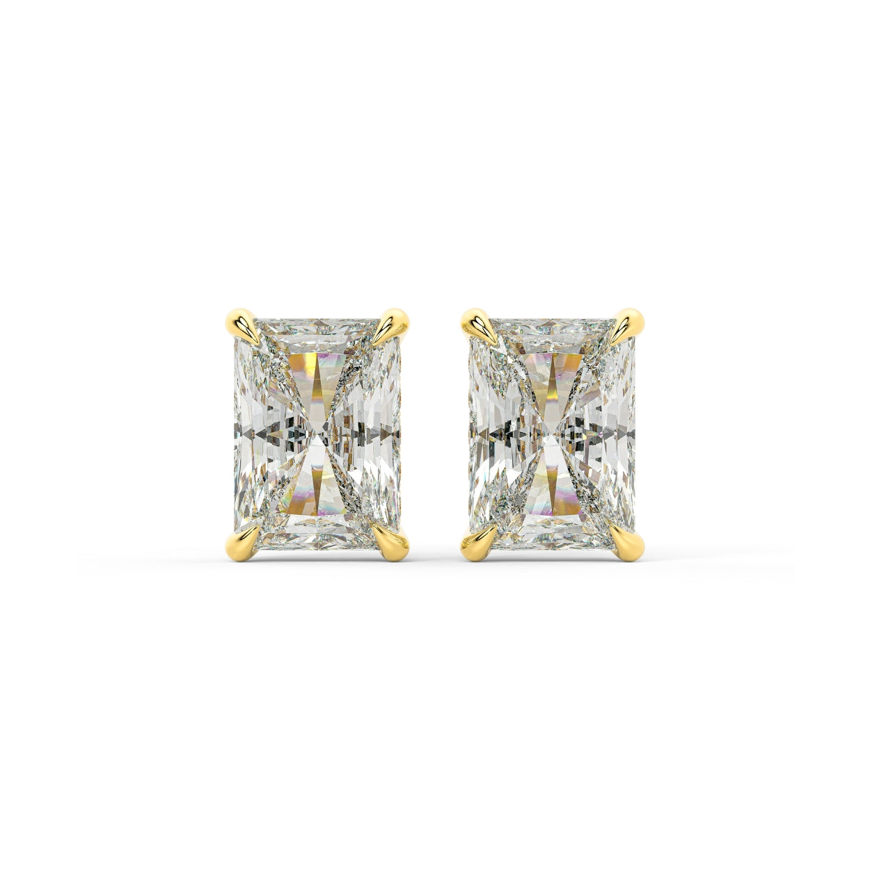 Pair of Radiant Hidden Halo lab grown diamond earrings in yellow gold showcasing radiant cut stones with concealed pave boost for structured radiant fire merging emerald elegance and brilliant sparkle on white background.