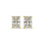 Pair of Radiant Hidden Halo lab grown diamond earrings in yellow gold showcasing radiant cut stones with concealed pave boost for structured radiant fire merging emerald elegance and brilliant sparkle on white background.