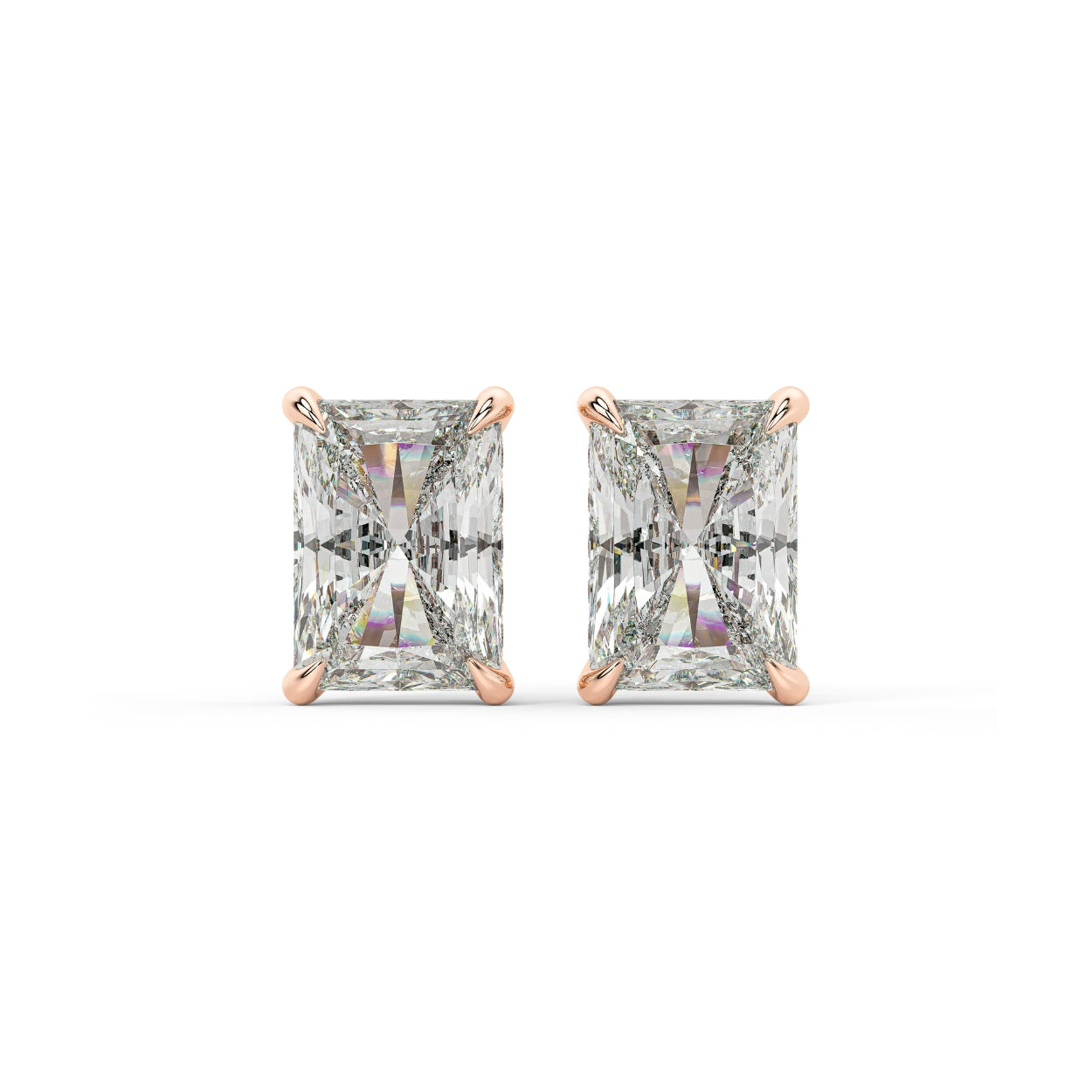 Pair of Radiant Hidden Halo lab grown diamond earrings in rose gold with rectangular cut merging emerald elegance for standout shine on white background.