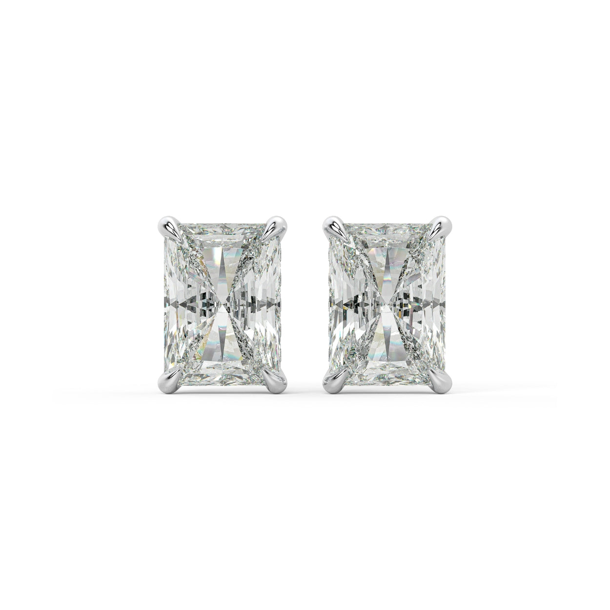 Pair of Radiant Hidden Halo lab grown diamond earrings in white gold featuring radiant cut with sharp geometry and fiery reflections pulling admiration on white background.