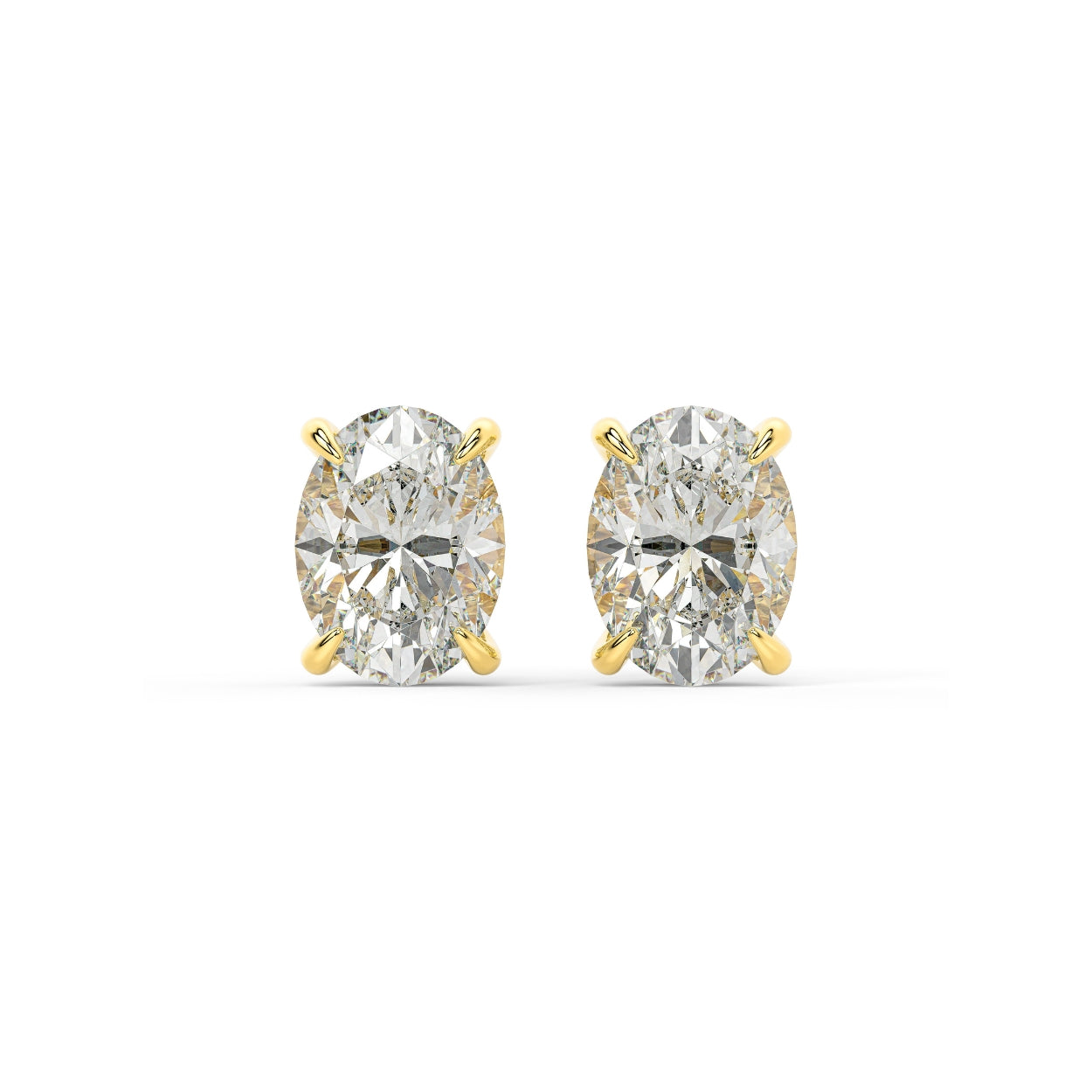 Pair of Oval Hidden Halo lab grown diamond earrings in yellow gold showcasing oval cut stones with concealed shine for flowing form and balanced natural elegance on white background.