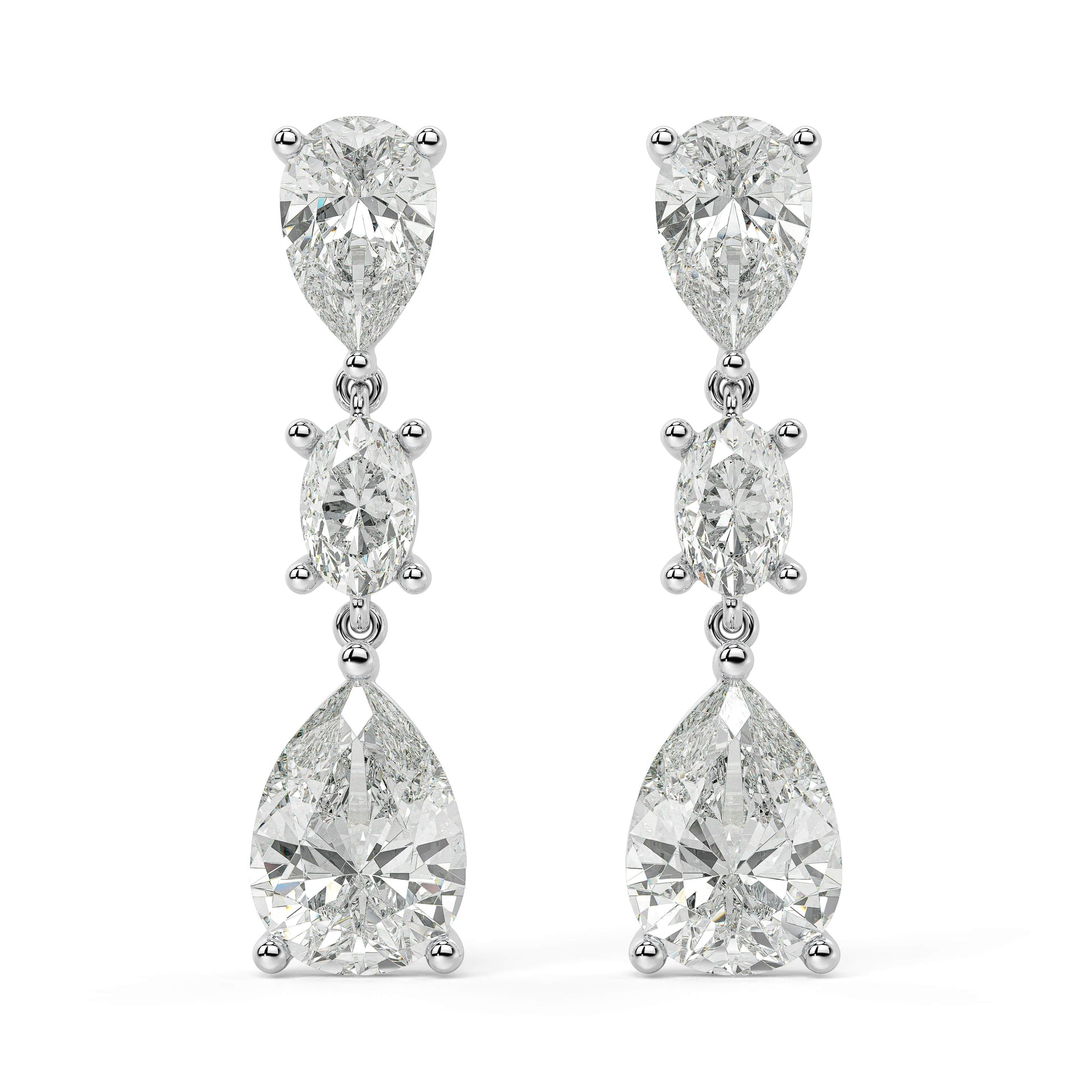 Angled perspective of white gold lab-grown diamond round solitaire earrings with sparkling center stone, pair displayed, elegant bridal diamond studs