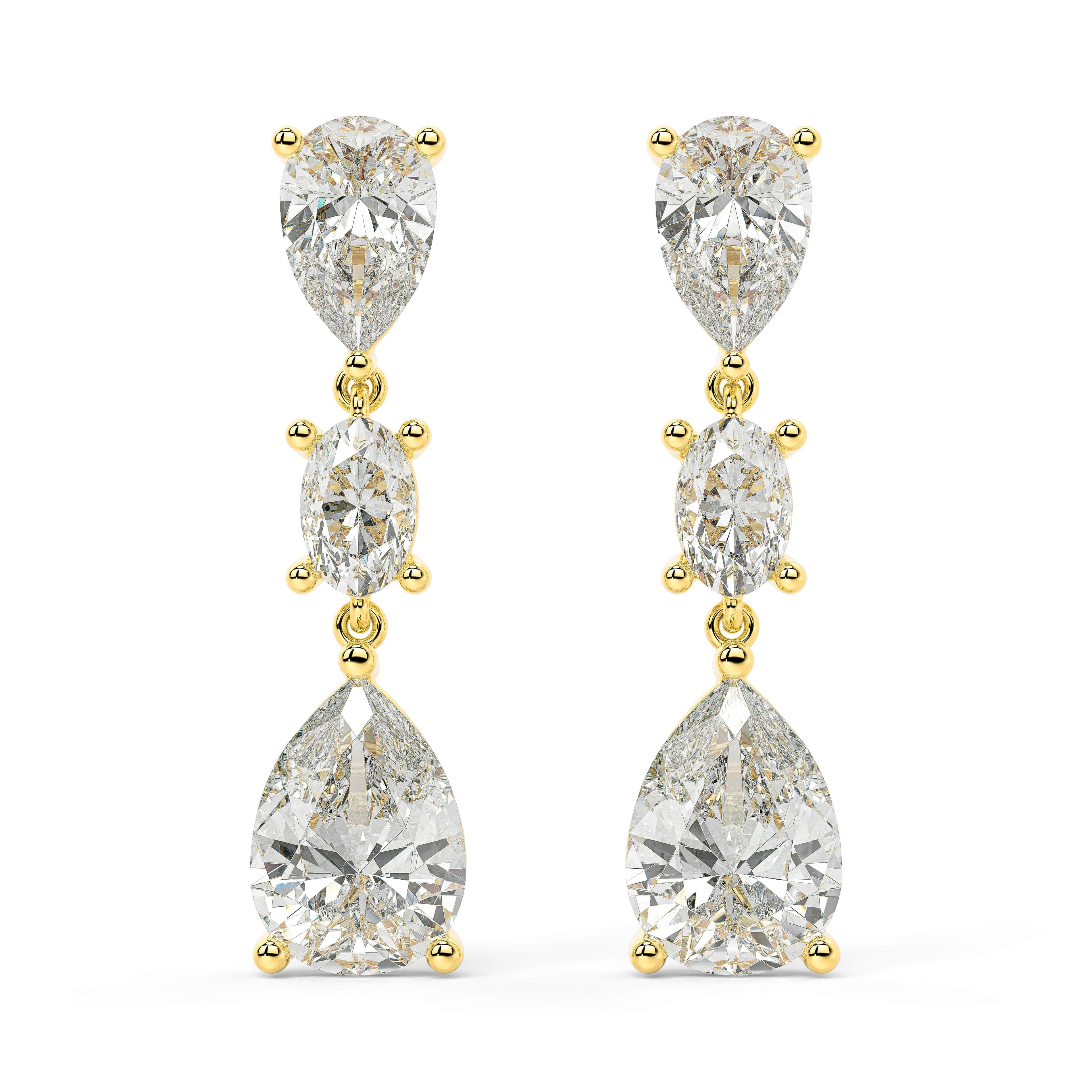 Pair of yellow gold lab-grown diamond solitaire stud earrings with round brilliant center diamond in classic prong setting, front view, luxury timeless diamond jewelry