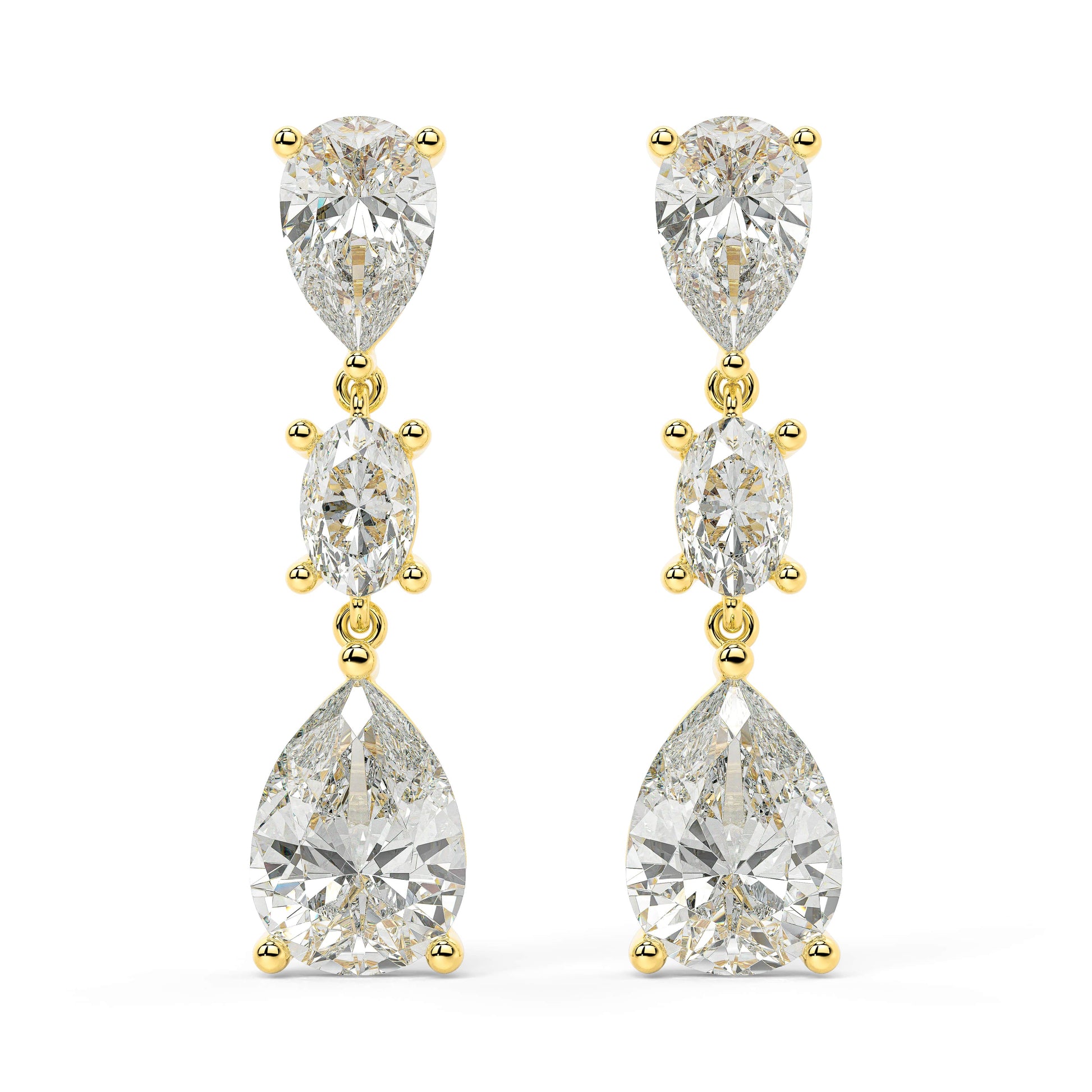 Pair of yellow gold lab-grown diamond solitaire stud earrings with round brilliant center diamond in classic prong setting, front view, luxury timeless diamond jewelry