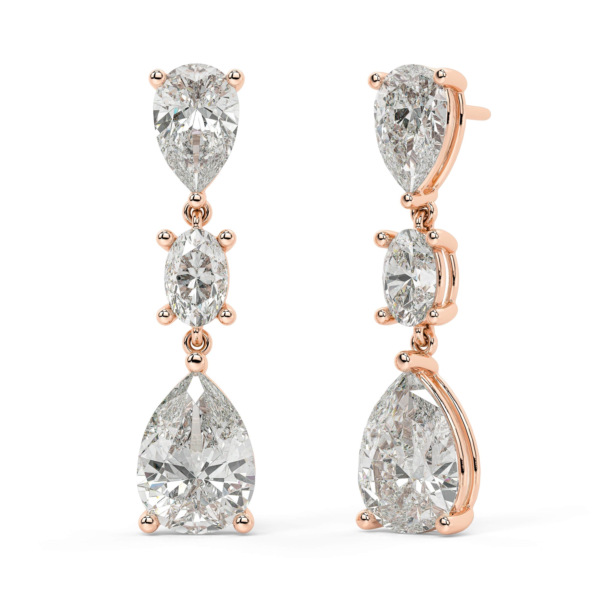 Side profile of rose gold lab-grown diamond stud earrings showing post and elegant prong setting on round brilliant stone, exquisite diamond detail