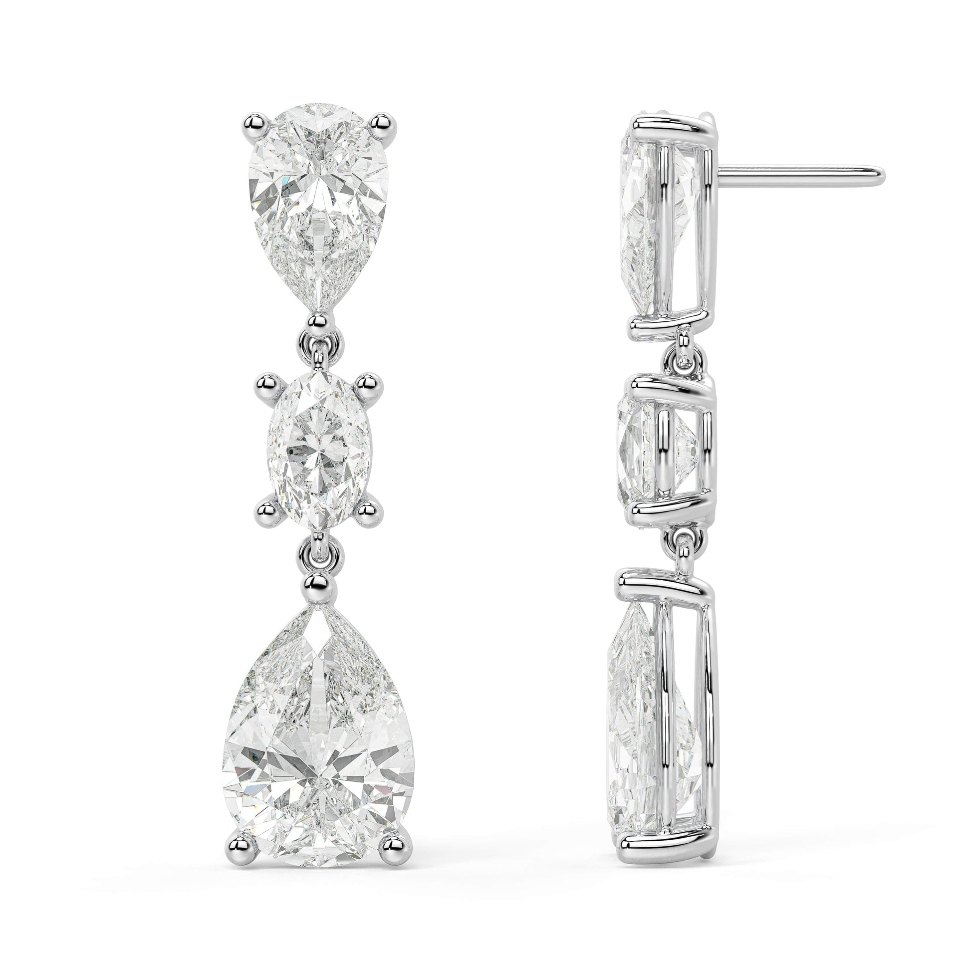 Front and back views of white gold lab-grown diamond solitaire earrings with round center stone, premium ethical diamond jewelry