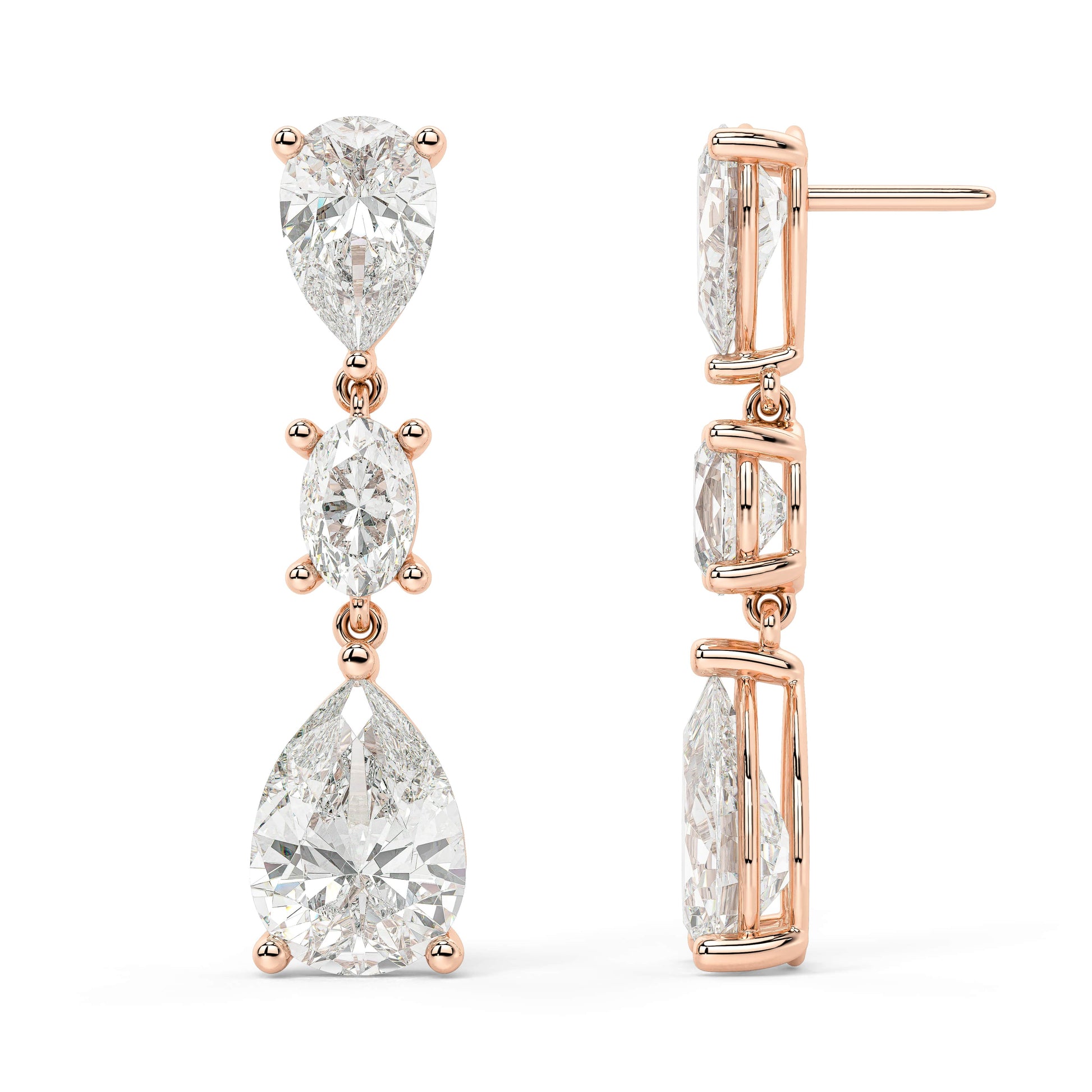 Front and back perspectives of rose gold lab-grown diamond solitaire earrings with round center diamond, ethical fine jewelry