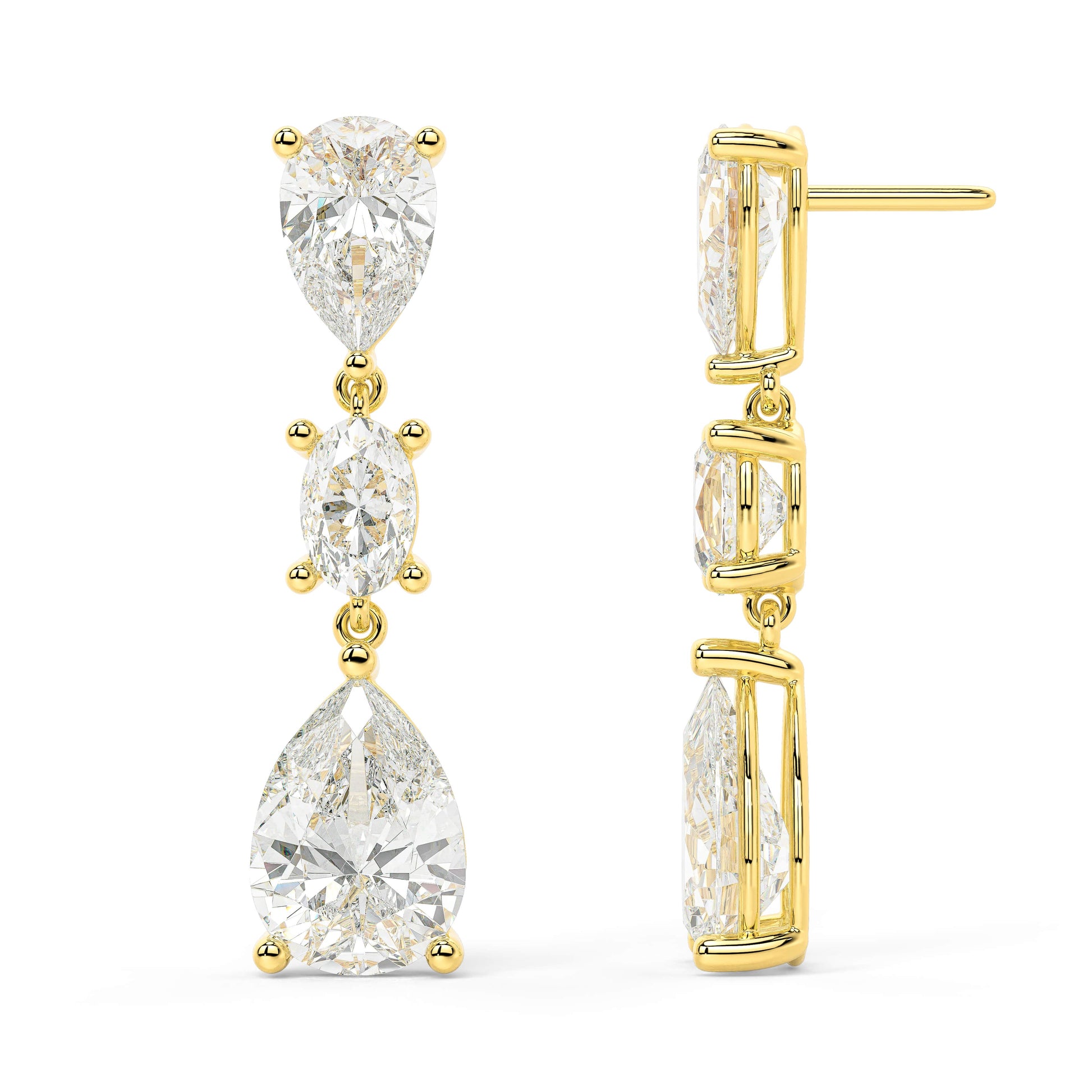 Side profile of yellow gold lab-grown diamond round stud earrings displaying post backing and secure prong setting, fine diamond craftsmanship