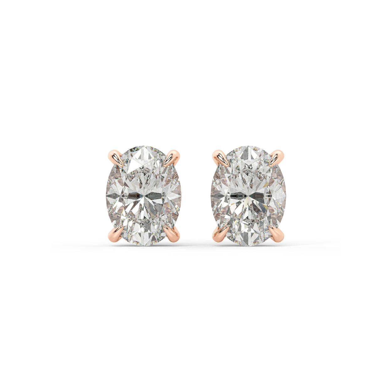 Front pair of rose gold Oval Hidden Halo lab grown diamond earrings with oval cut stones and concealed shine for gentle vivid light effects.