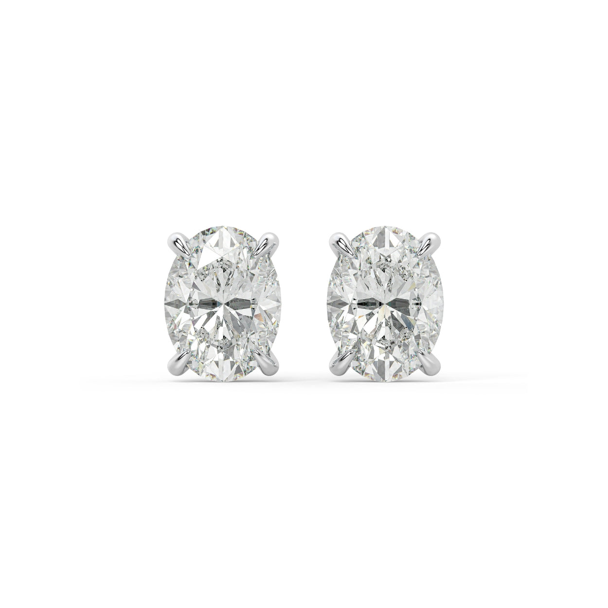 Pair of Oval Hidden Halo lab grown diamond earrings in white gold featuring oval cut with concealed shine for rounded edges and brilliant facets on white background.