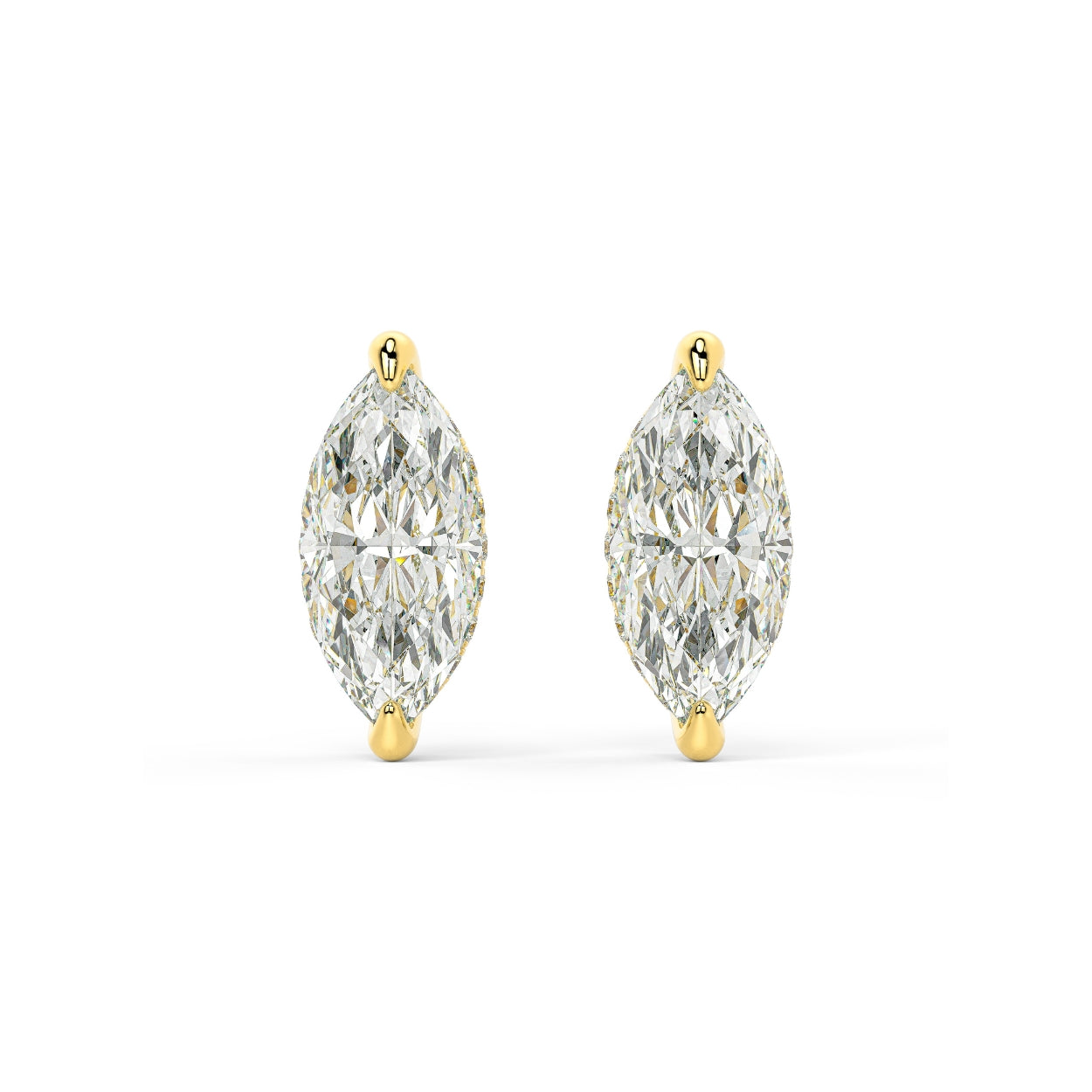 Pair of Marquise Hidden Halo lab grown diamond earrings in yellow gold, featuring tapered form boosting surface sparkle for eco conscious craft on white background.