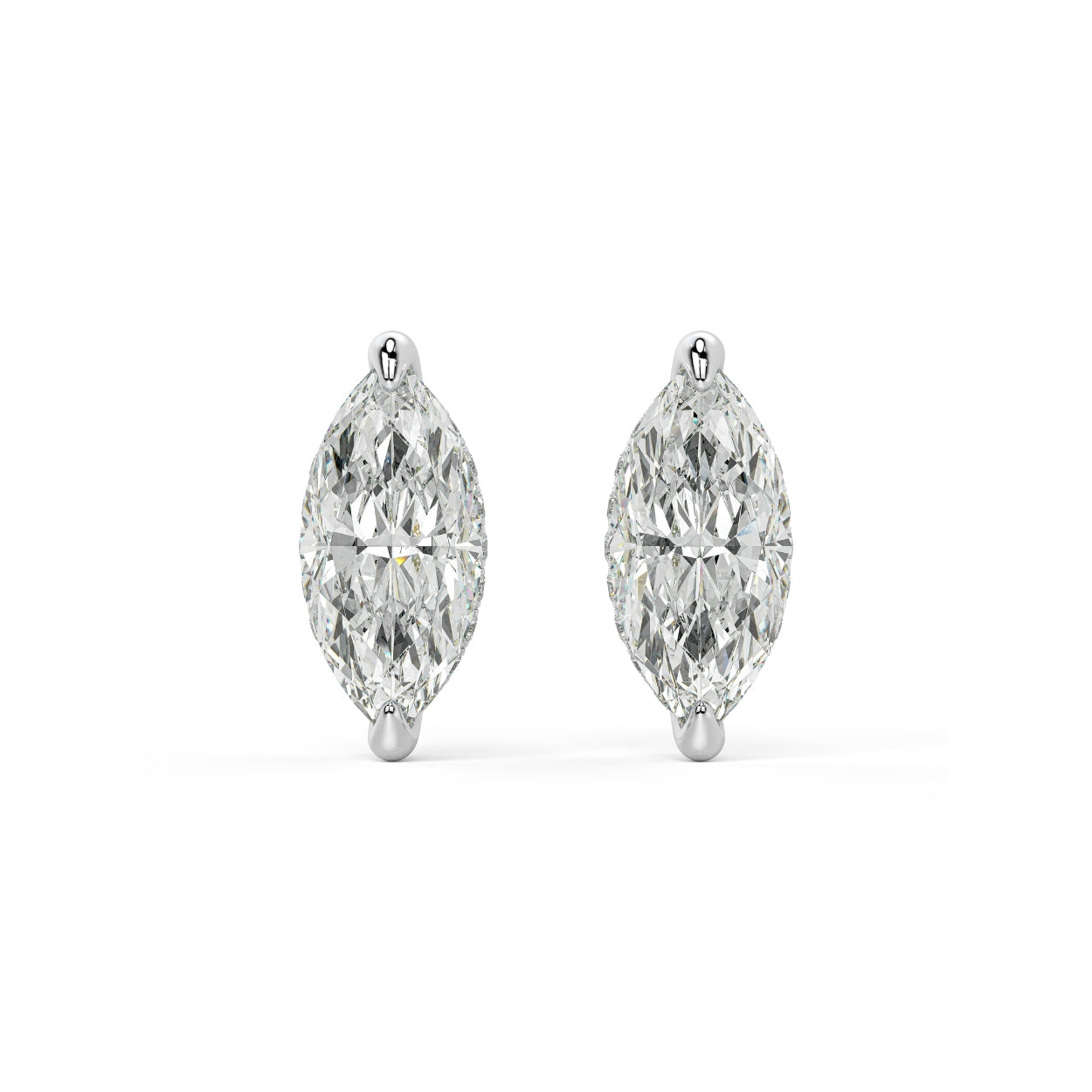 Pair of Marquise Hidden Halo lab grown diamond earrings in white gold, pointed ends and rounded sides for eco friendly luxury on white background.