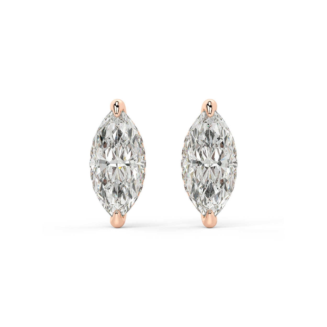 Pair of Marquise Hidden Halo lab grown diamond earrings in rose gold, bold visual presence with graceful curves on white background.
