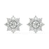 Angled perspective of white gold lab-grown diamond flower cluster earrings with sparkling round center and petal accents, pair displayed, elegant bridal diamond jewelry