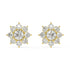 Pair of yellow gold lab-grown diamond flower stud earrings with central round diamond and six petal round diamonds in classic 7-stone floral cluster, front view, luxury diamond jewelry