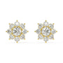 Pair of yellow gold lab-grown diamond flower stud earrings with central round diamond and six petal round diamonds in classic 7-stone floral cluster, front view, luxury diamond jewelry