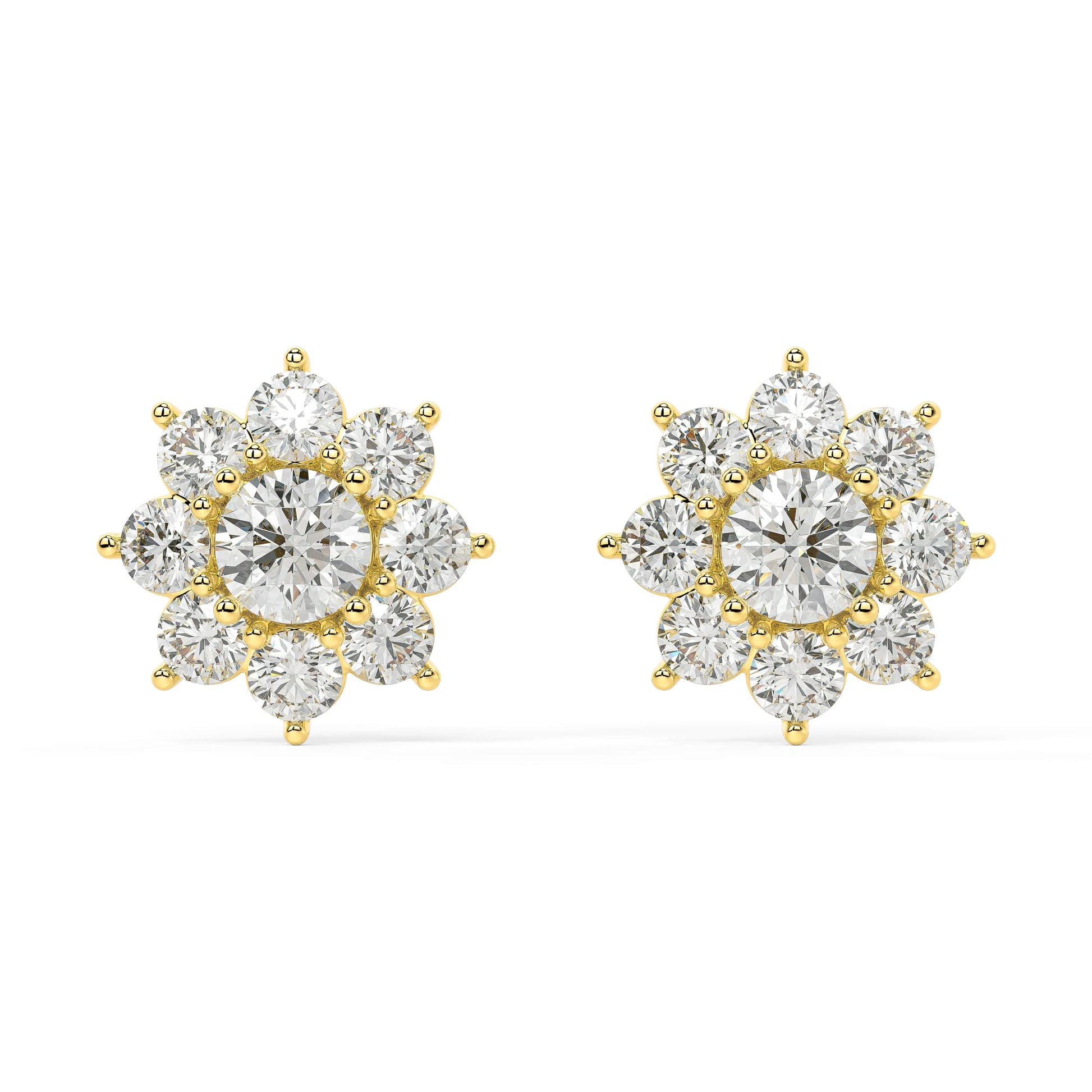 Pair of yellow gold lab-grown diamond flower stud earrings with central round diamond and six petal round diamonds in classic 7-stone floral cluster, front view, luxury diamond jewelry