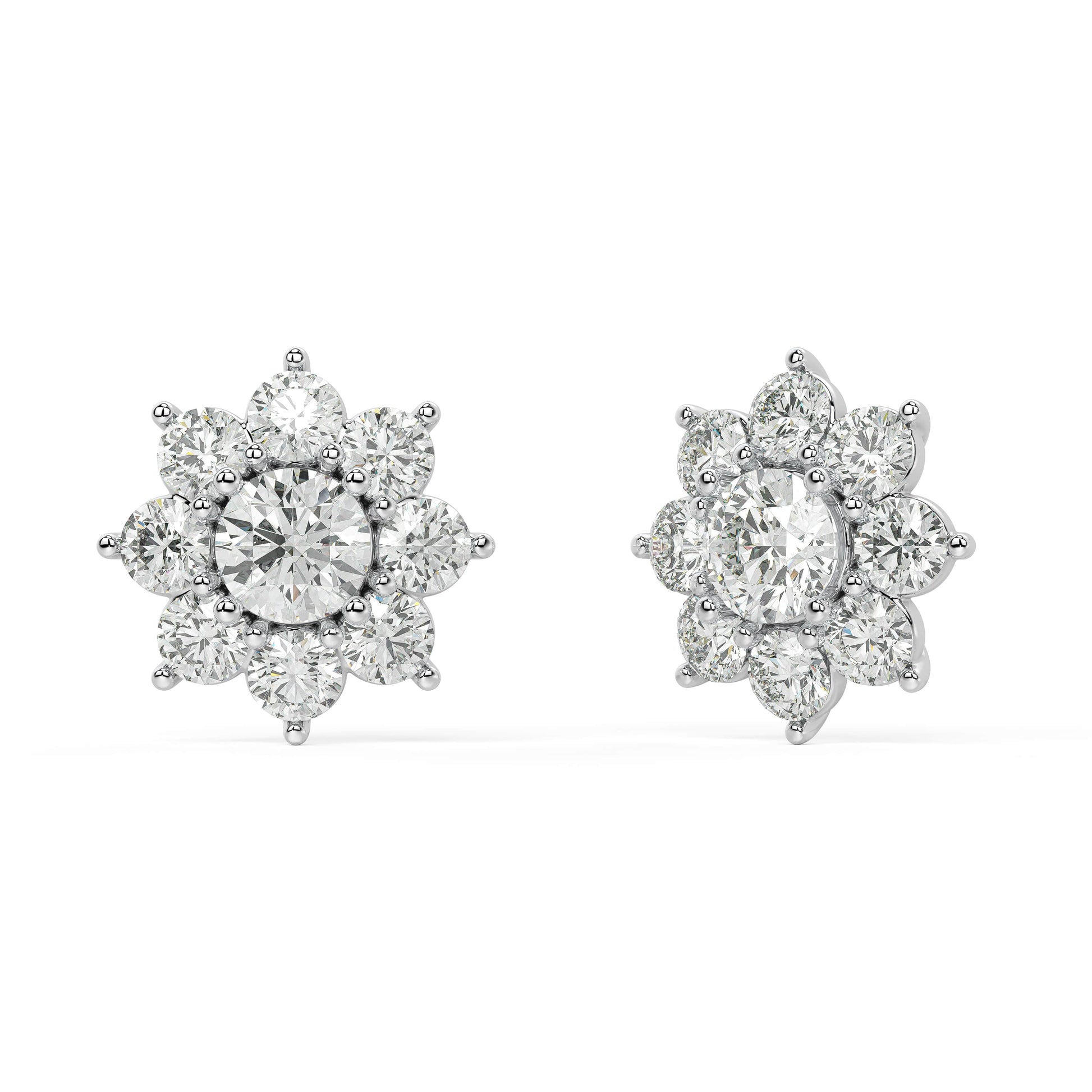 Side view of white gold lab-grown diamond flower earrings highlighting secure post and intricate settings on round diamonds, high-end craftsmanship