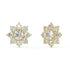 Angled view of yellow gold lab-grown diamond cluster earrings featuring central round brilliant and surrounding petal rounds in flower motif, pair shown, vintage-inspired luxury jewelry