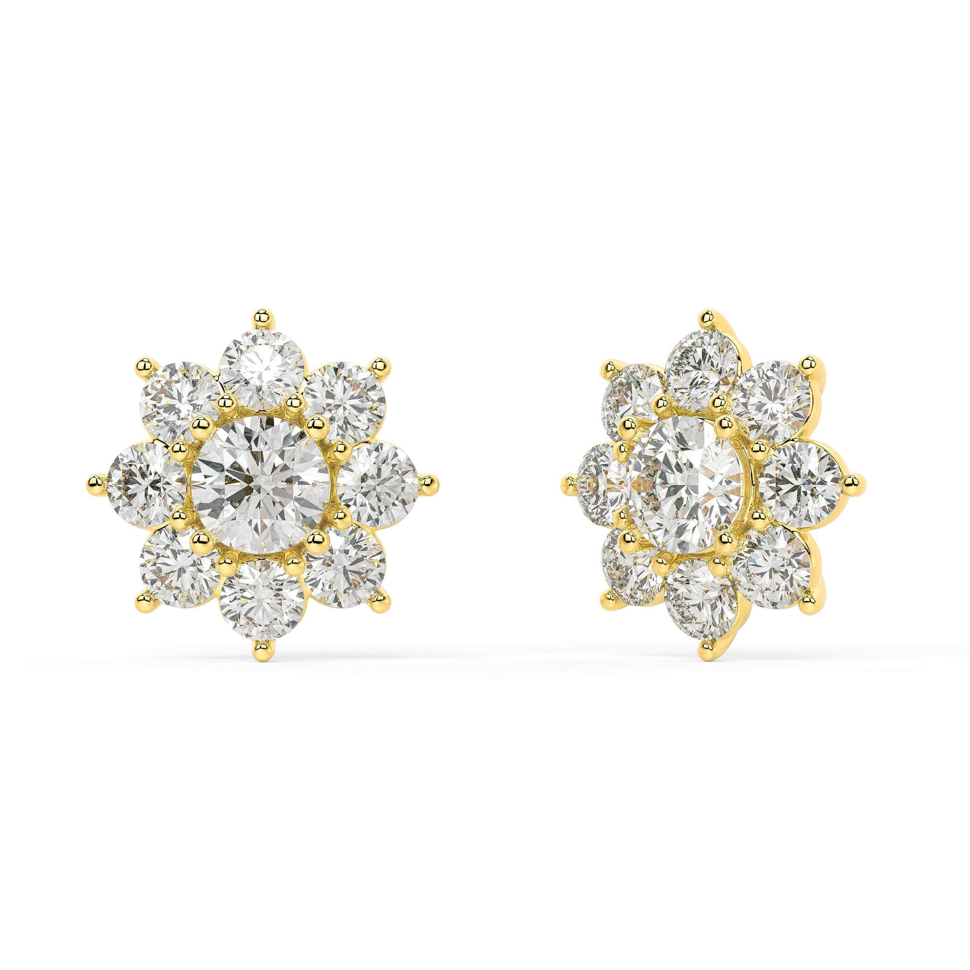 Angled view of yellow gold lab-grown diamond cluster earrings featuring central round brilliant and surrounding petal rounds in flower motif, pair shown, vintage-inspired luxury jewelry