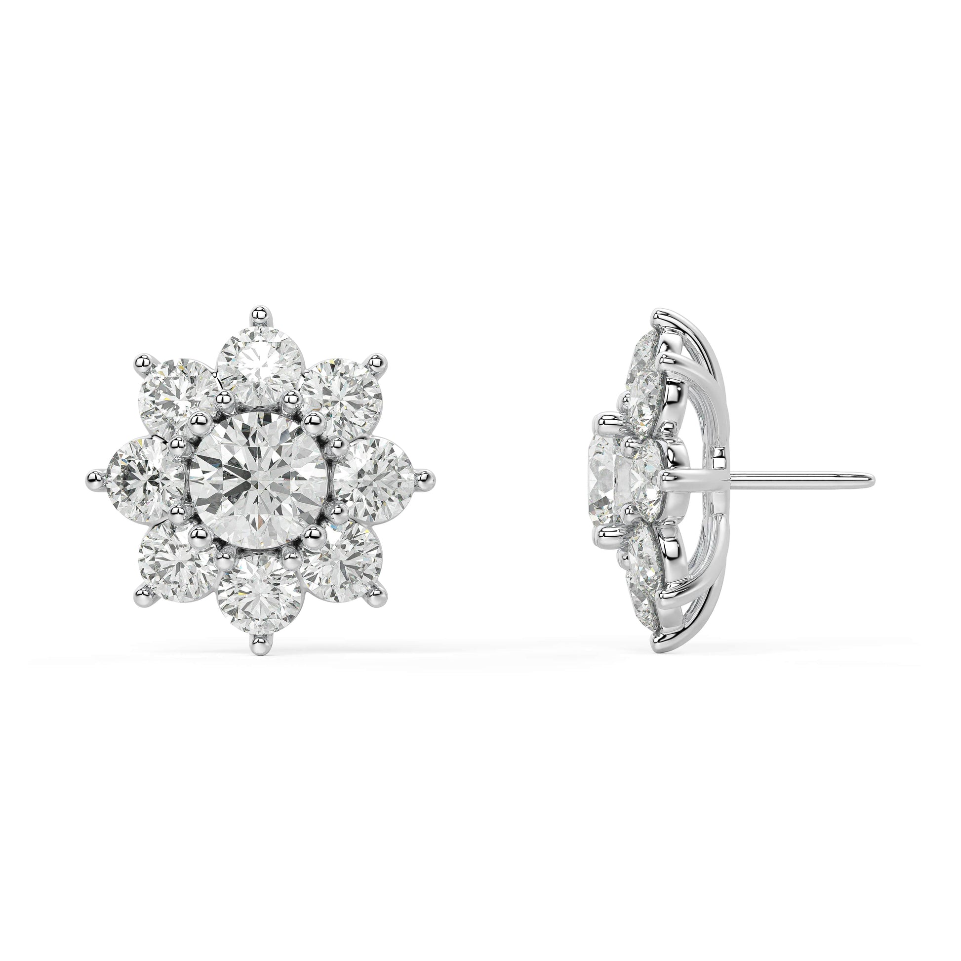 Front and back views of white gold lab-grown diamond stud earrings in classic floral cluster with central round and six petals, premium ethical jewelry