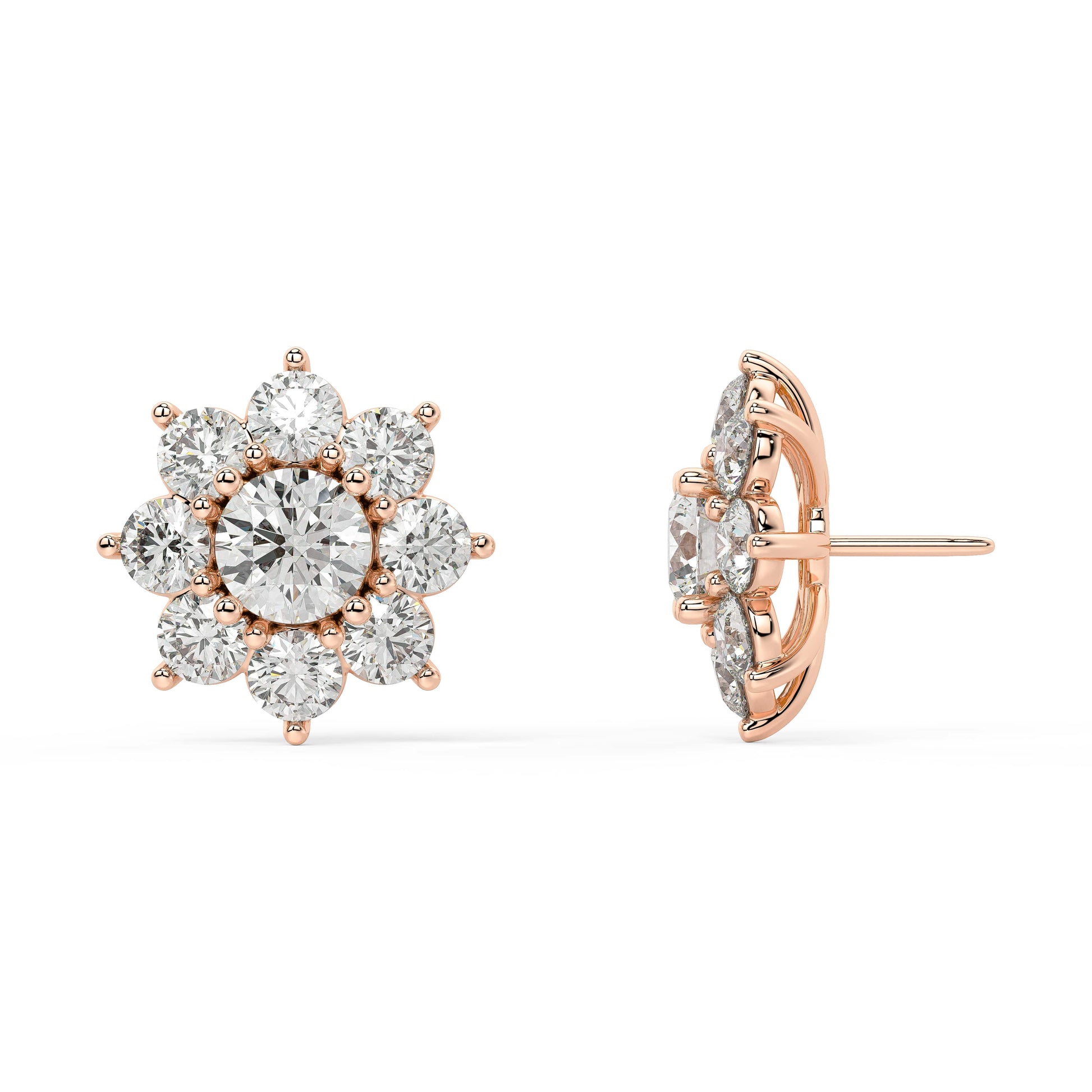 Front and back perspectives of rose gold lab-grown diamond stud earrings with round brilliant center and petal cluster, ethical fine jewelry