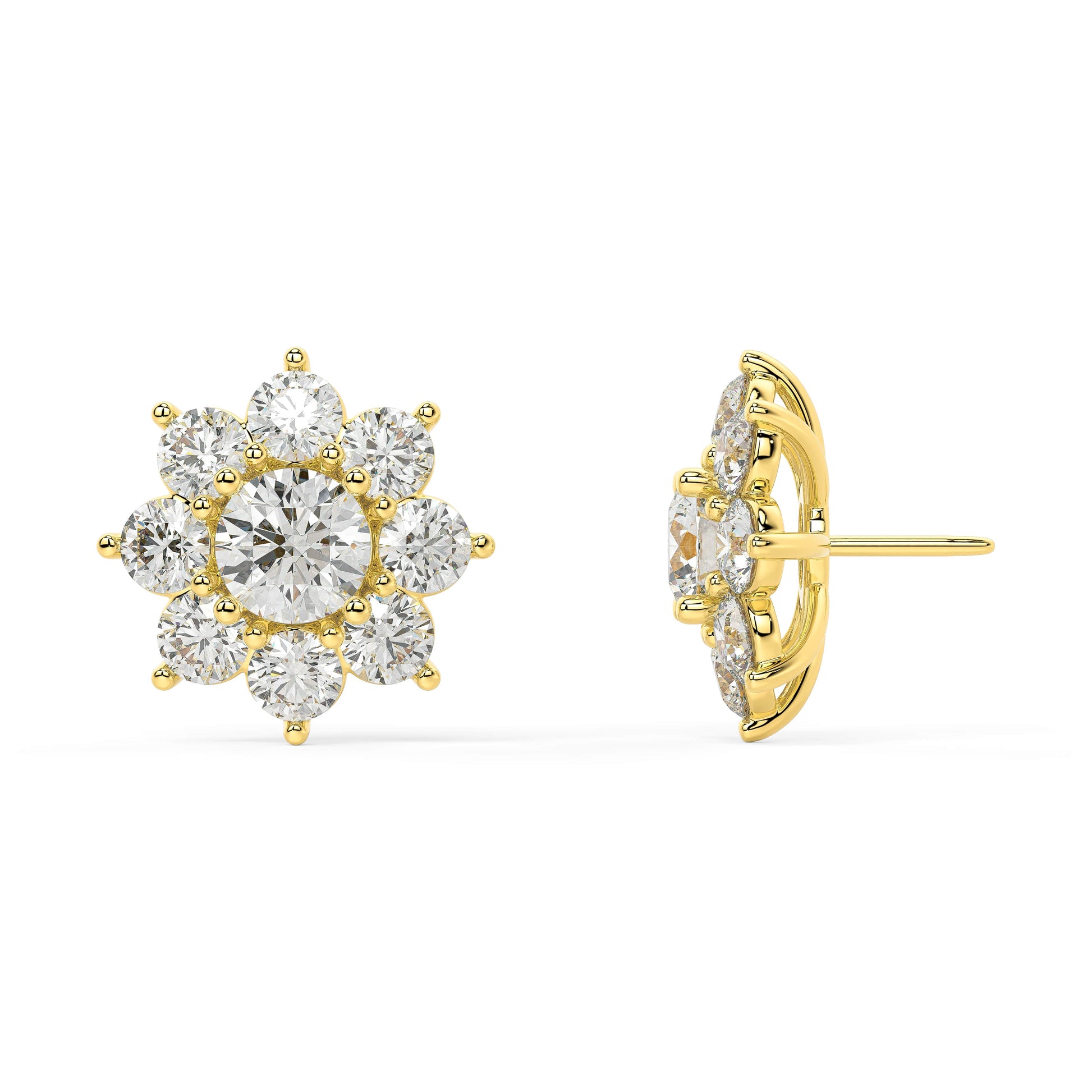 Side profile of yellow gold lab-grown diamond flower earrings displaying post backing and detailed prong settings on central and petal diamonds, fine diamond craftsmanship