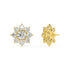 Pair of white gold lab-grown diamond floral stud earrings with large central round diamond encircled by six brilliant round petals in blooming flower design, front view, sophisticated cluster jewelry