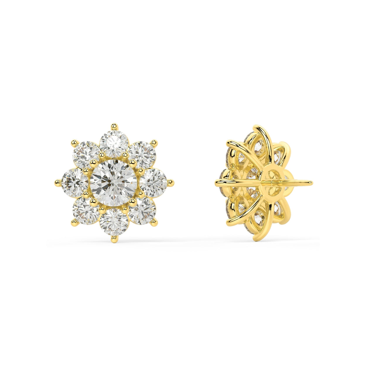 Pair of white gold lab-grown diamond floral stud earrings with large central round diamond encircled by six brilliant round petals in blooming flower design, front view, sophisticated cluster jewelry