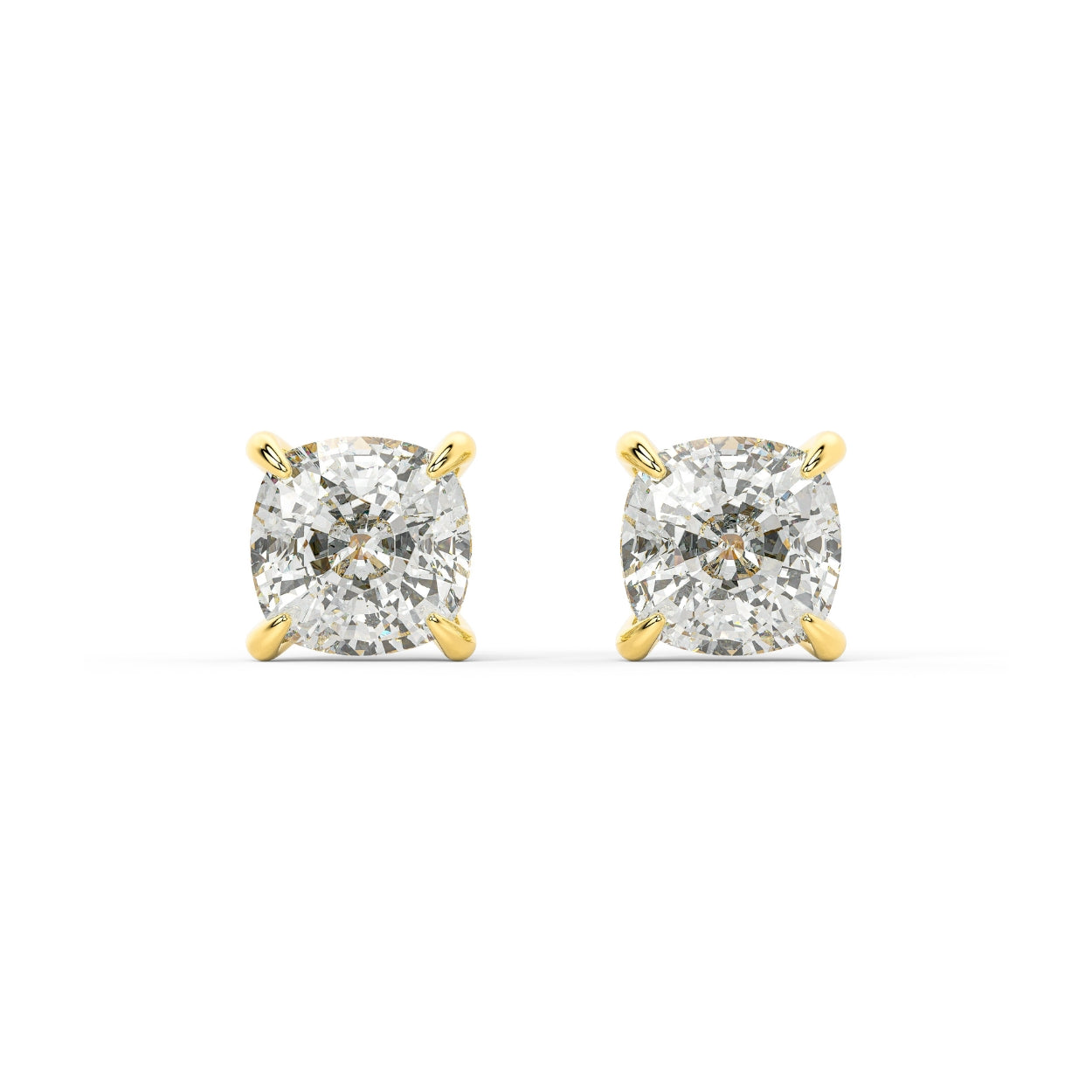 Pair of yellow gold lab-grown diamond asscher stud earrings with square single asscher-cut diamond in elegant prong setting, front view, luxury solitaire diamond jewelry