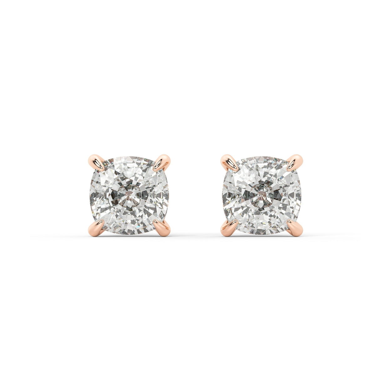 Pair of rose gold lab-grown diamond asscher stud earrings featuring square asscher-cut diamond in vintage-inspired prong setting, front view, romantic luxury jewelry