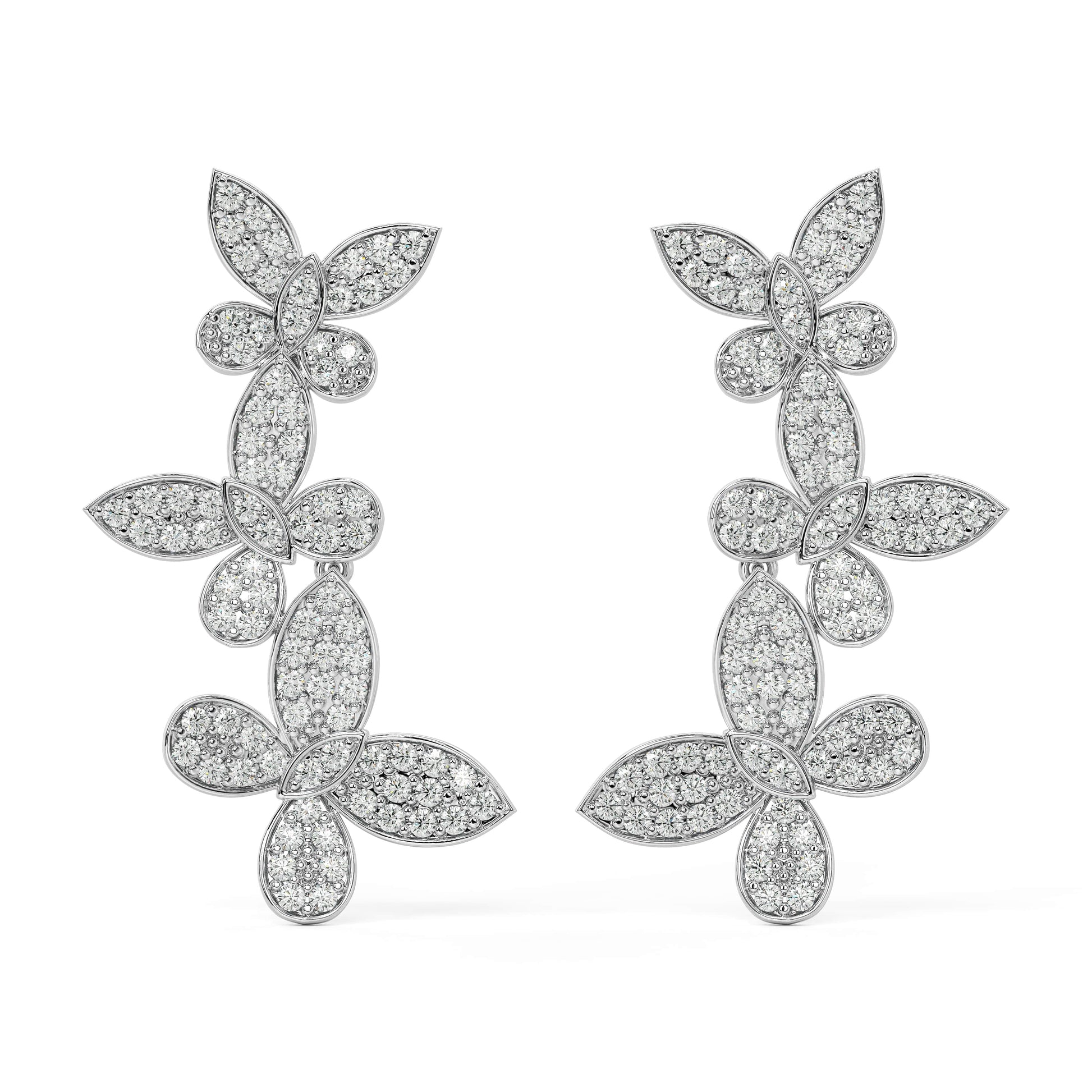 Front and back views of white gold lab-grown diamond vine stud earrings in cascading floral cluster style with marquise and pear diamonds, premium ethical jewelry