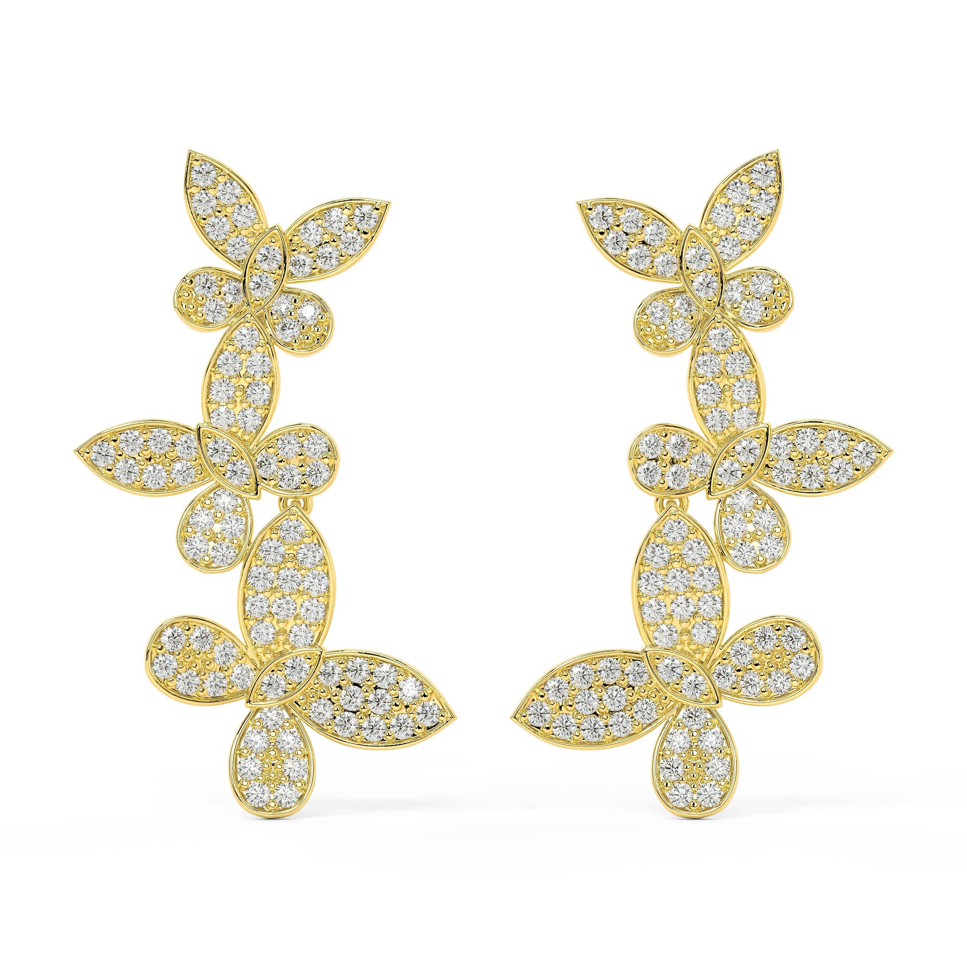 Angled view of yellow gold lab-grown diamond vine cluster earrings featuring layered marquise petals and pear-shaped diamonds in floral motif, pair shown, high-end luxury jewelry