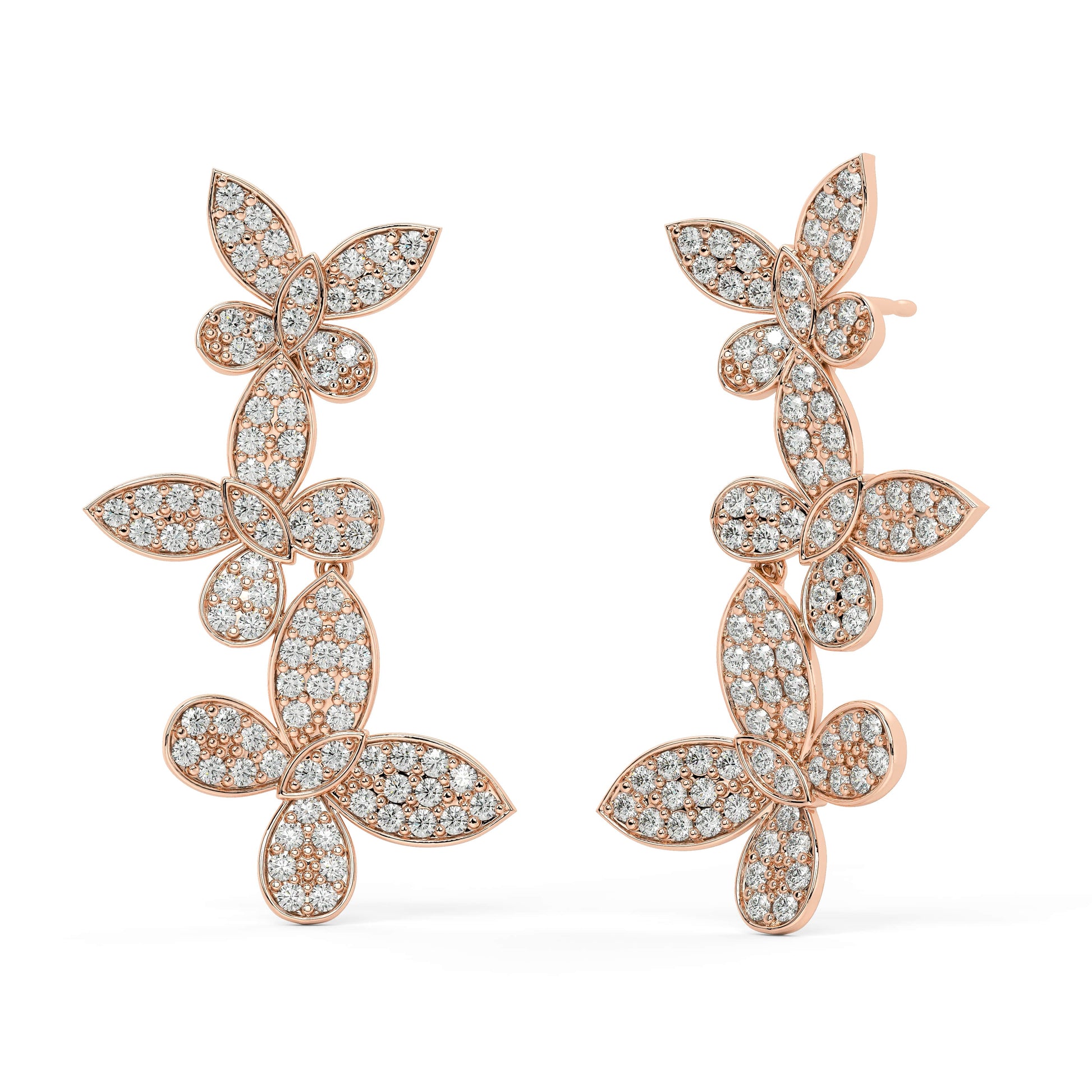 Side profile of rose gold lab-grown diamond floral vine earrings showing post and elaborate cluster setting on marquise and pear stones, exquisite diamond detail