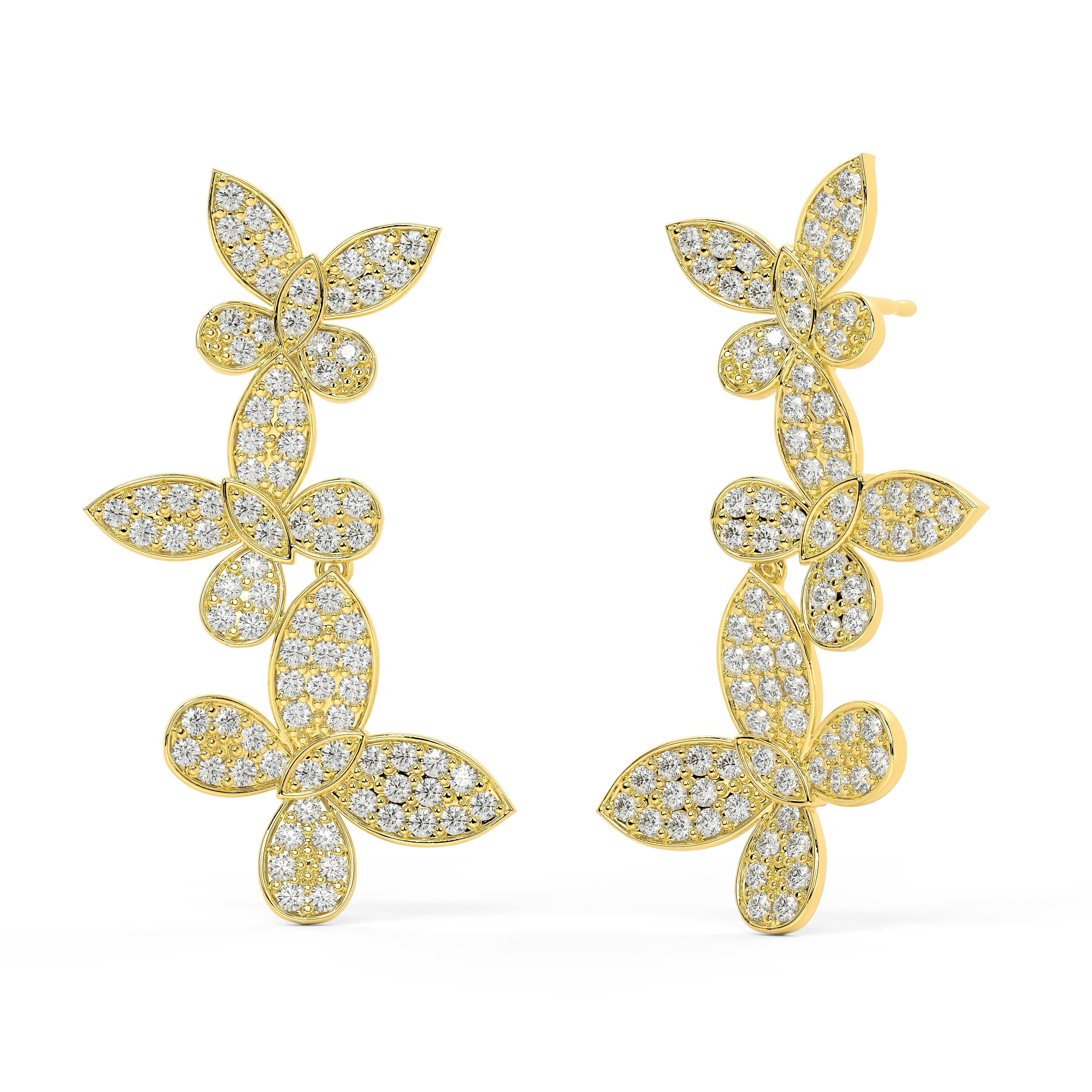 Pair of yellow gold lab-grown diamond floral vine stud earrings with marquise and pear-shaped diamond petals in cascading butterfly cluster design, front view, luxury Pavé diamond jewelry