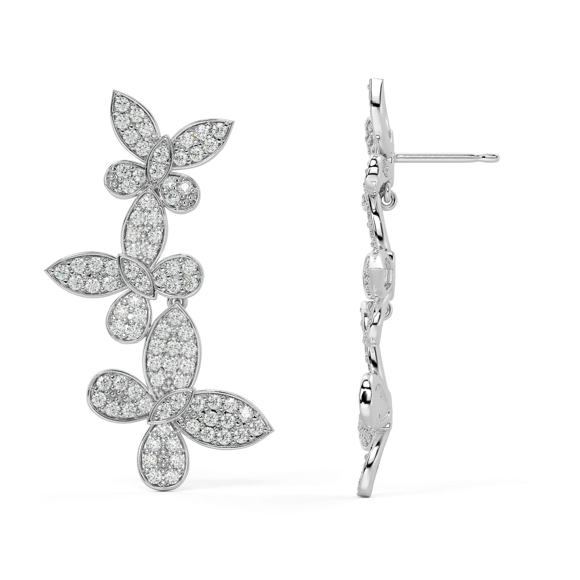 Side view of white gold lab-grown diamond floral earrings highlighting secure post and detailed prong settings on layered petals, high-end diamond craftsmanship