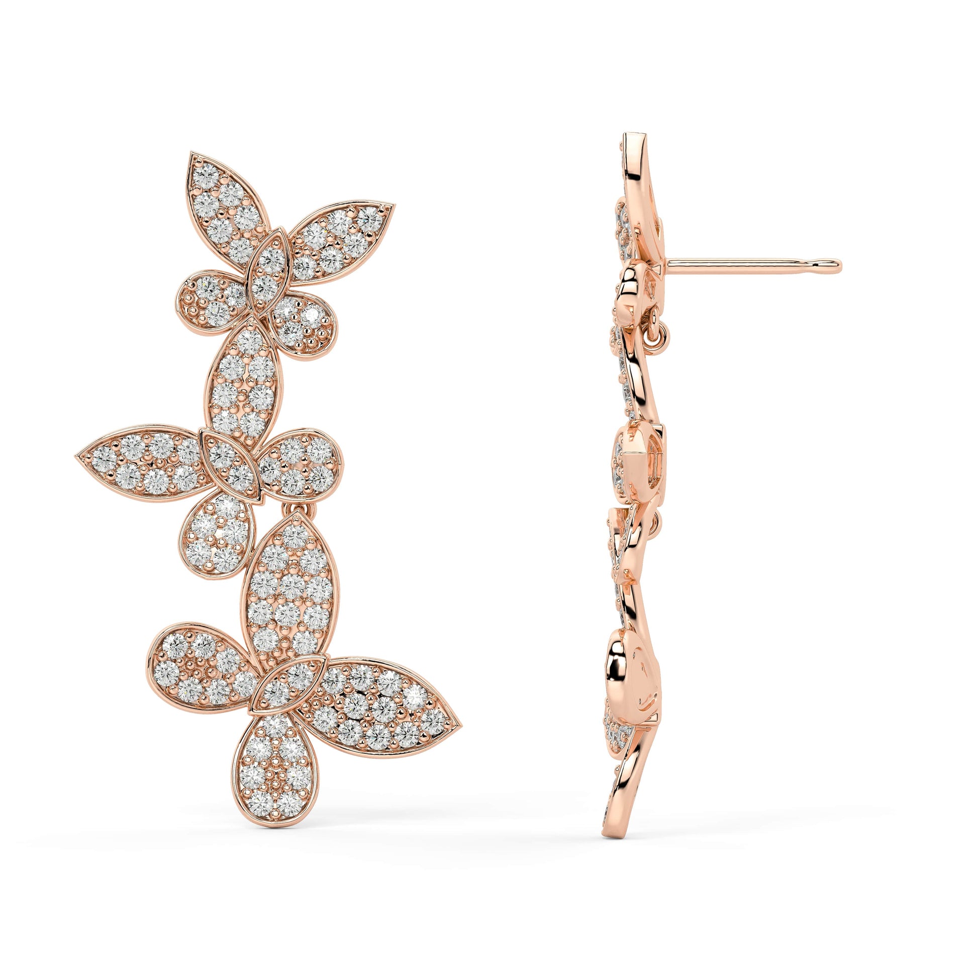 Front and back perspectives of rose gold lab-grown diamond vine stud earrings featuring marquise-cut and pear-shaped diamonds in luxurious floral vine motif, ethical fine jewelry
