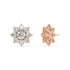 Pair of rose gold lab-grown diamond floral cluster stud earrings in blooming flower style with large central round diamond and six sparkling petal diamonds, front view, premium luxury earrings