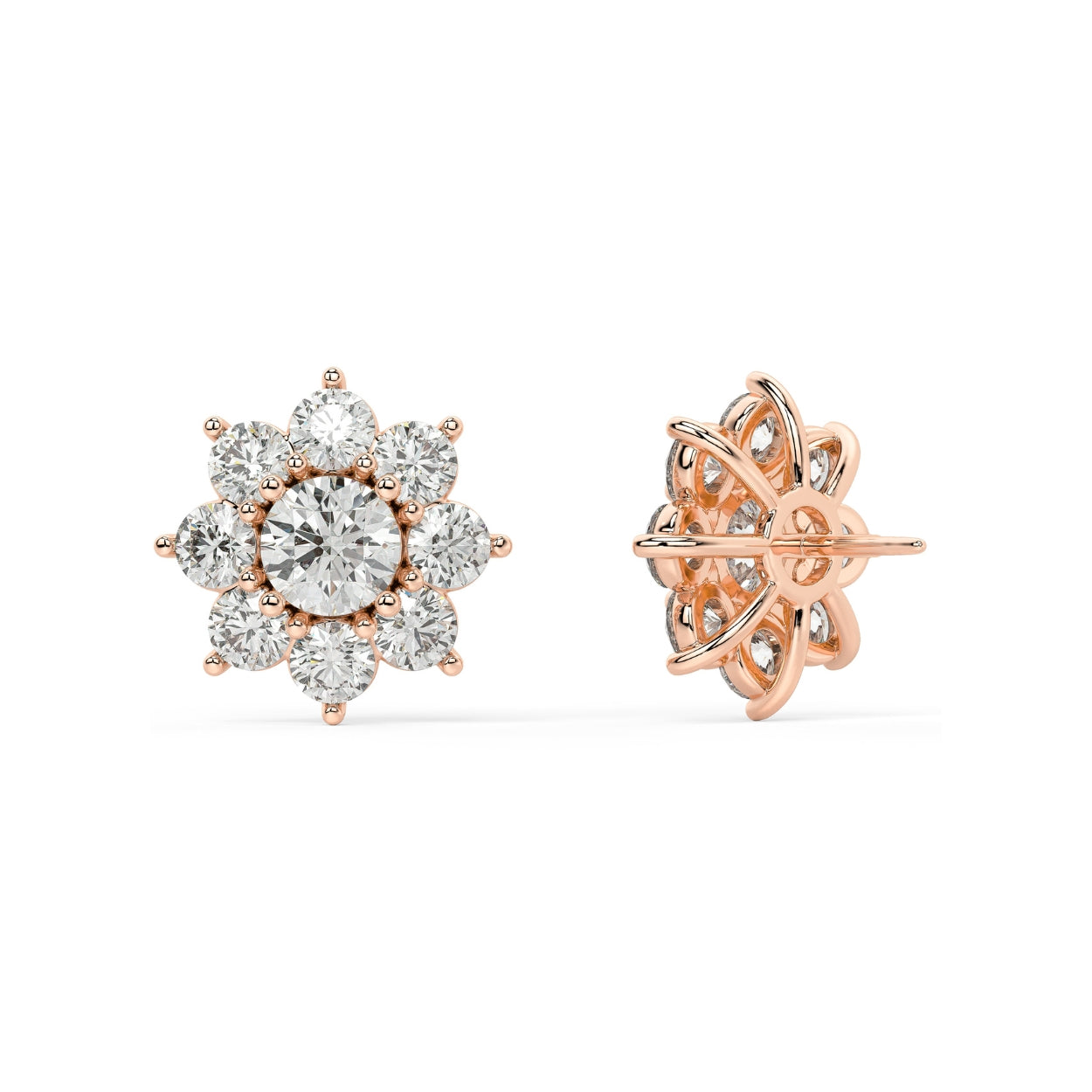 Pair of rose gold lab-grown diamond floral cluster stud earrings in blooming flower style with large central round diamond and six sparkling petal diamonds, front view, premium luxury earrings