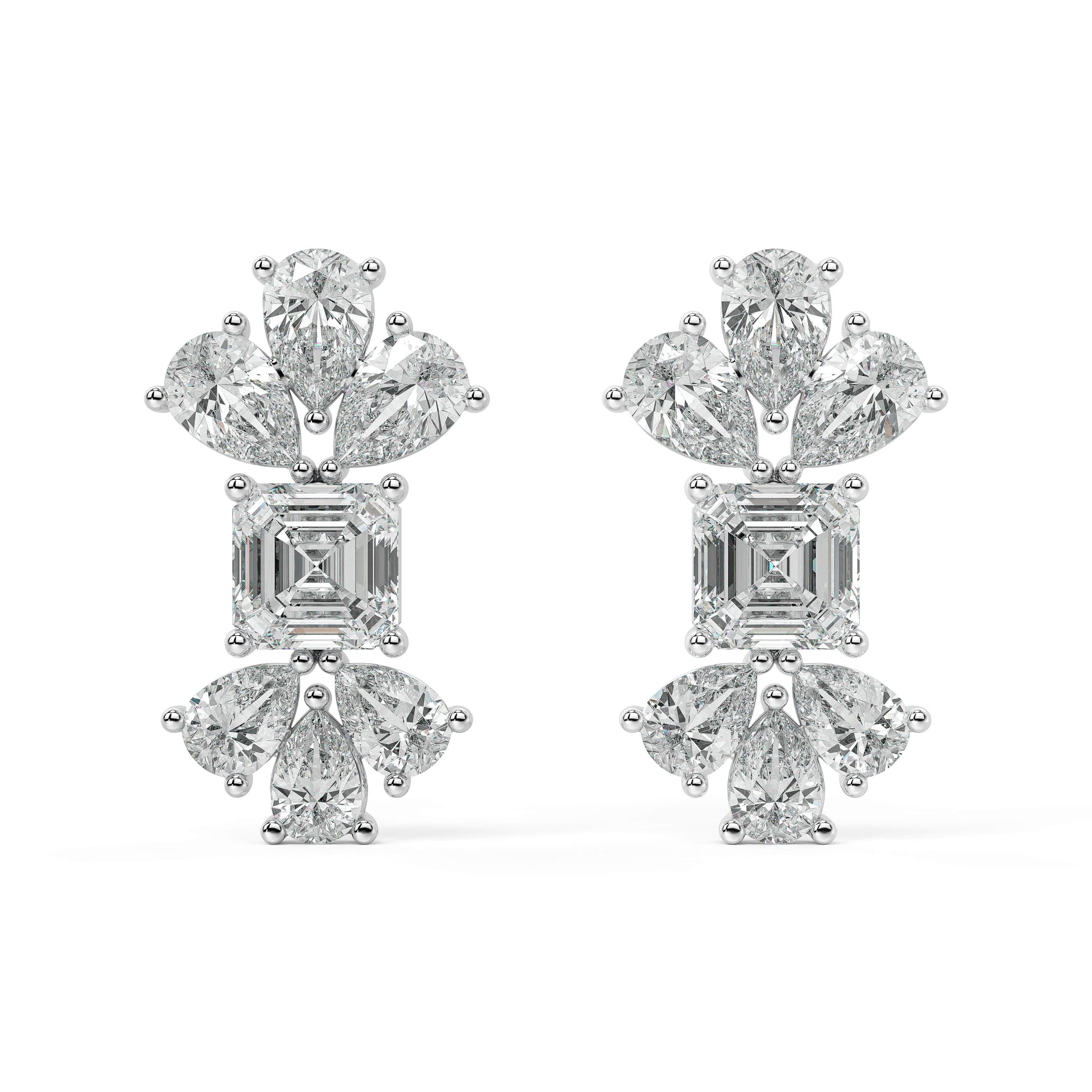 Front and back views of white gold lab-grown diamond cluster stud earrings in vertical emerald and pear arrangement, sustainable high-end jewelry