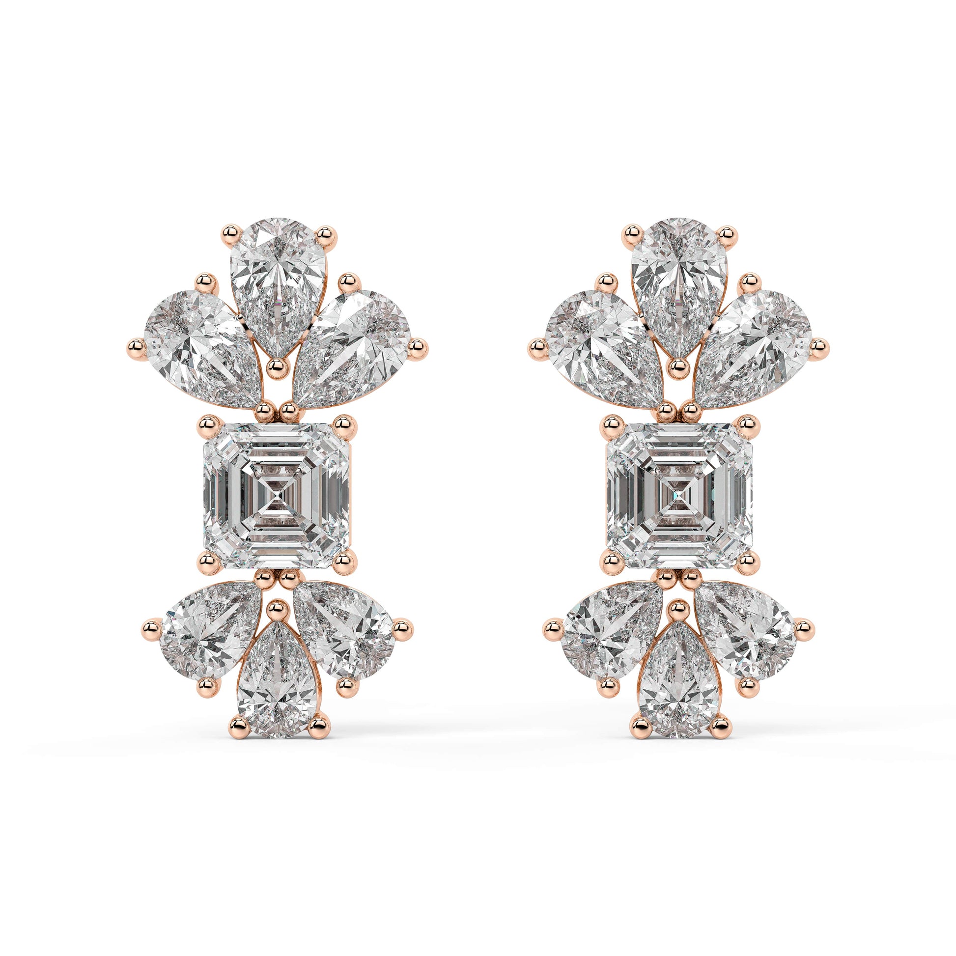 Front and back perspectives of rose gold lab-grown diamond stud earrings with central emerald-cut and surrounding pear diamonds, ethical fine jewelry