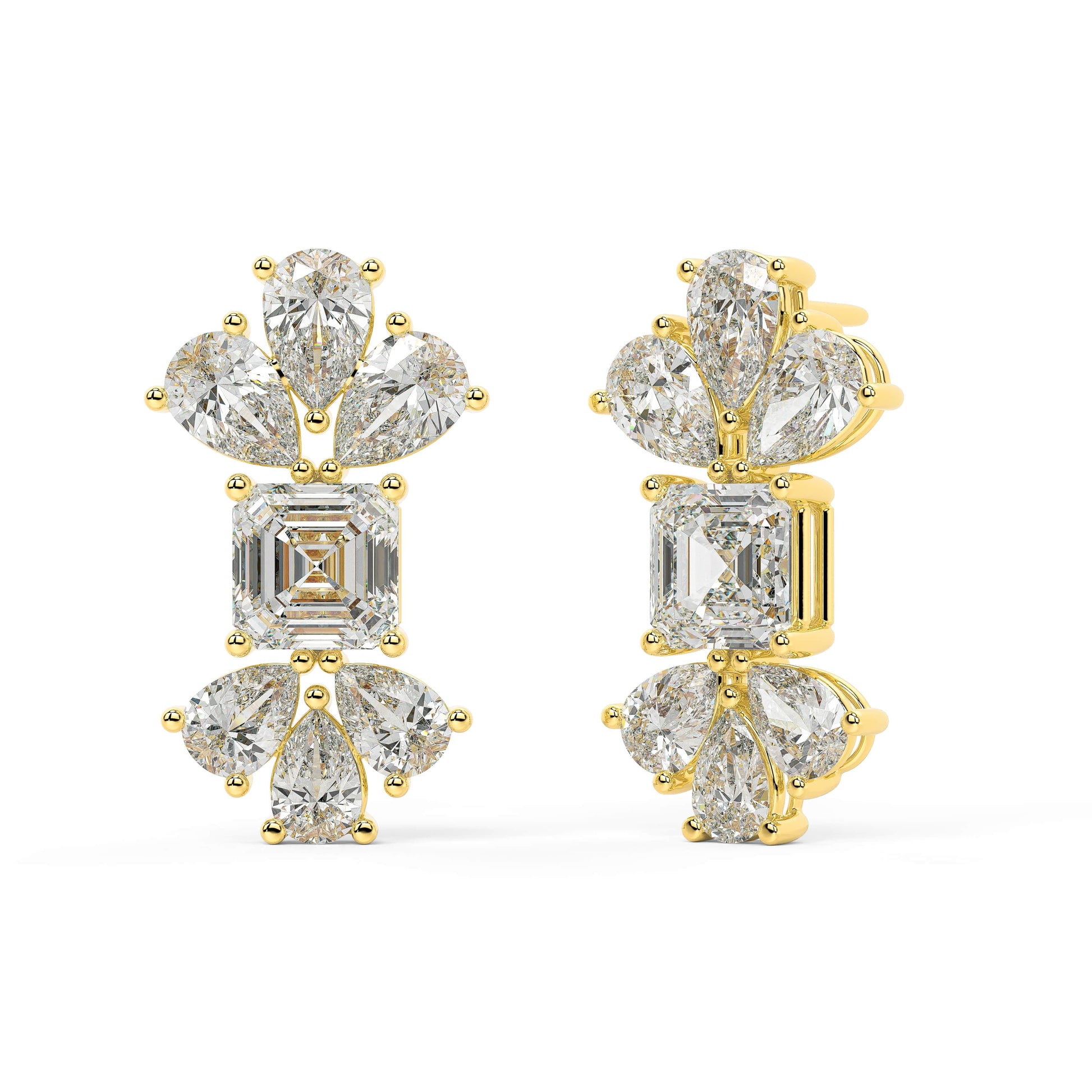 Side profile of yellow gold lab-grown diamond cluster earrings displaying post backing and detailed prong settings on emerald and pear diamonds, fine craftsmanship diamond jewelry