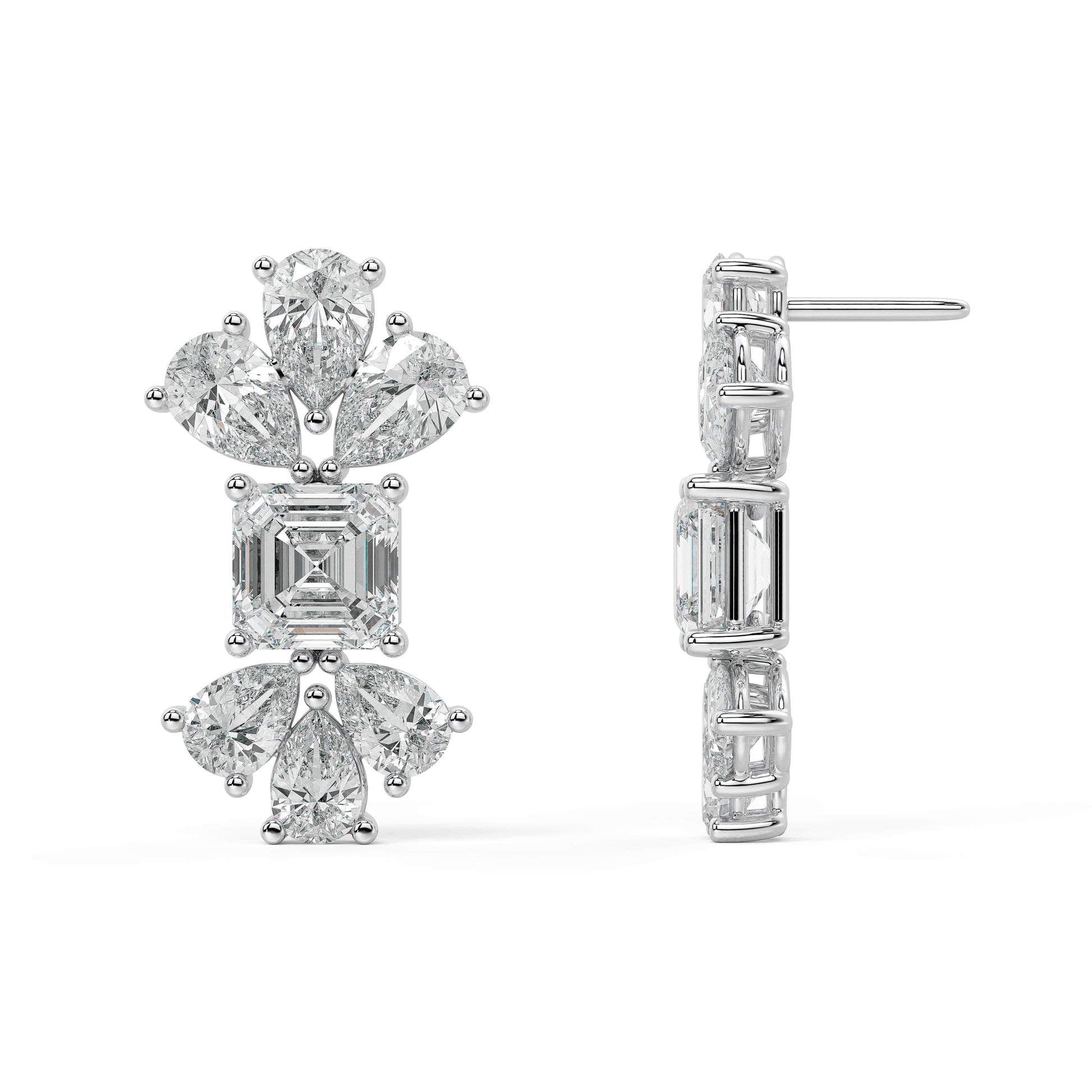 Detailed angled shot of white gold lab-grown diamond stud earrings with emerald center flanked by pear petals, pair illustrated, premium cluster jewelry