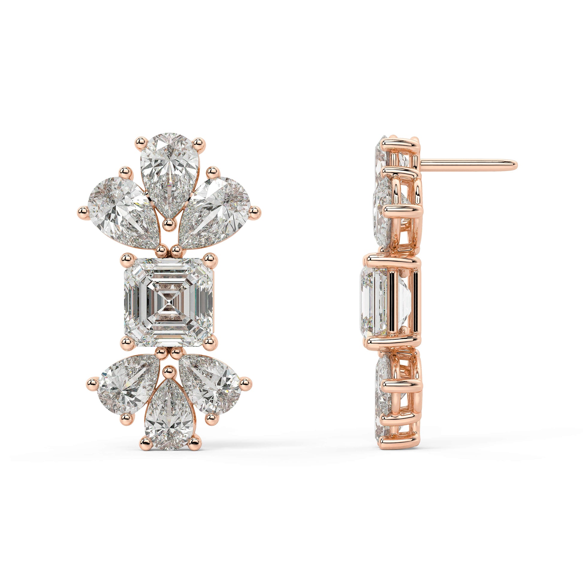Detailed front and angled views of rose gold lab-grown diamond cluster studs in emerald and pear floral arrangement, premium sustainable luxury