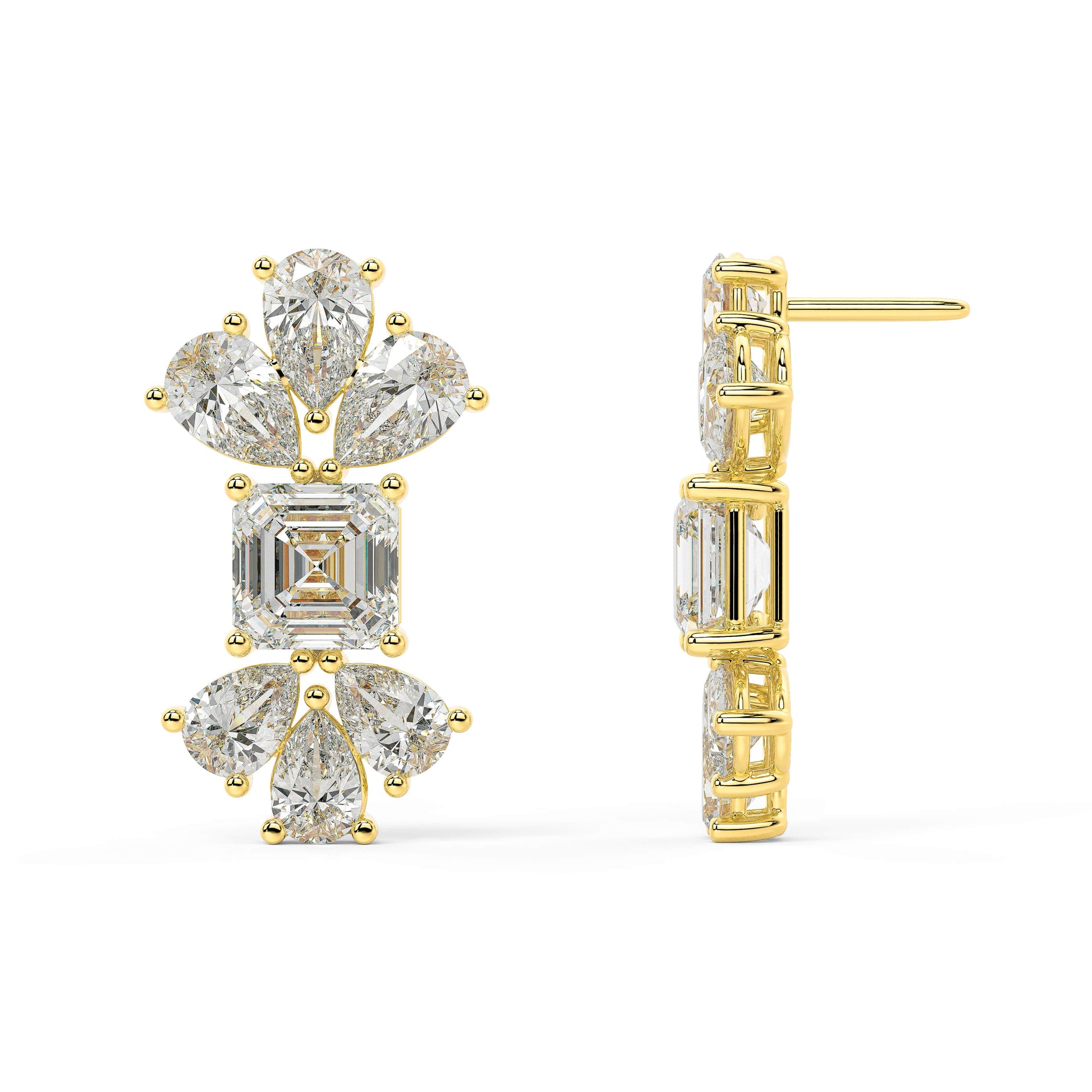 Front and back views of yellow gold lab-grown diamond stud earrings with emerald-cut focal stone and pear diamond clusters, premium ethical luxury earrings